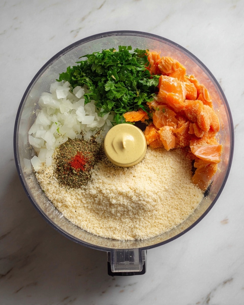 Inside a clear round food processor bowl, there are several layers of ingredients arranged in sections. One section holds bright orange chopped pieces, likely salmon, next to fresh green parsley leaves. Adjacent to these is a pile of finely chopped white onions, with a small dollop of yellow mustard on top. Below the onions and salmon is a heap of fine, light beige breadcrumbs. Ground black pepper is sprinkled across some parts of the salmon and onions. The bowl rests on a white marbled surface. photo taken with an iphone --ar 4:5 --v 7