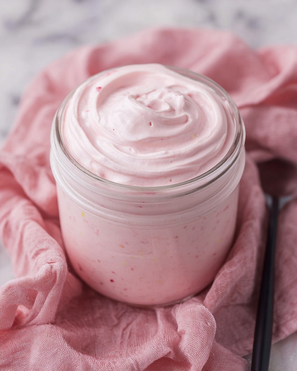 A clear glass jar filled with smooth, light pink creamy yogurt swirled neatly on top with soft peaks and small specks of fruit mixed inside. The jar sits surrounded by soft, crumpled pink cloth on a white marbled surface, giving a cozy feel. To the right side of the jar, part of a spoon with a black handle is partially visible. The image is close-up, showing the thick texture and gentle folds of the yogurt. photo taken with an iphone --ar 4:5 --v 7