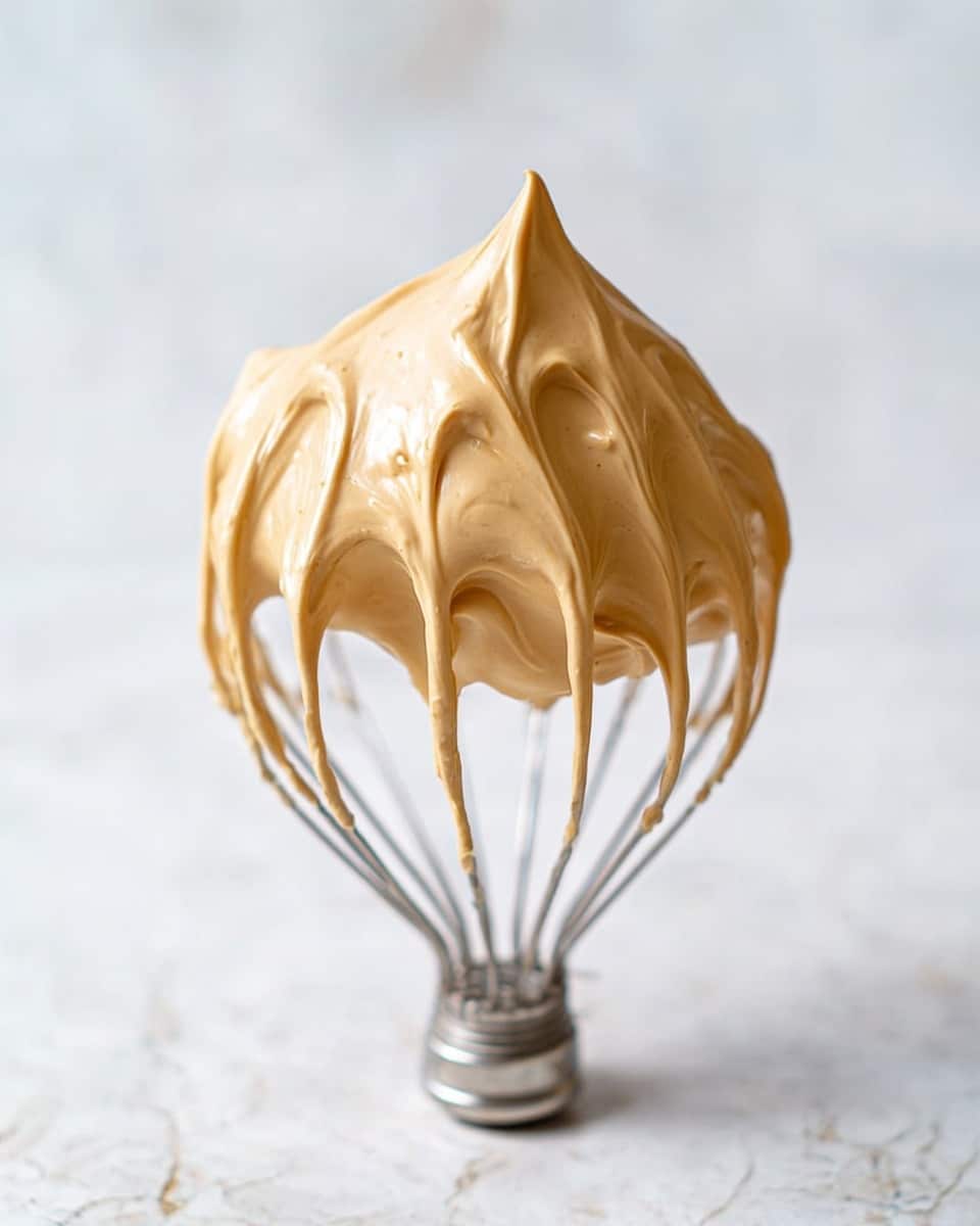 A metal whisk attachment stands upright on a white marbled surface, covered with a thick, smooth, and shiny light brown whipped cream that forms soft peaks spreading over the wires. The whipped cream has a glossy texture with tiny air bubbles visible and gentle folds where it clings to the whisk. The photo focuses closely on the whisk, making the creamy mixture the main subject against a softly blurred white marbled background. photo taken with an iphone --ar 4:5 --v 7