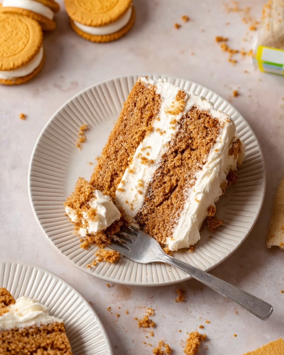 The image shows a white round cake on a wooden plate against a white marbled background. The cake has three visible layers, each separated by thin brown cake layers with light beige frosting in between. The top of the cake is smooth with the same light beige frosting covering it. In the next stage, a glass measuring cup with pale yellow sauce is shown on the white marbled surface with a spoon inside. Following that, the cake has a glossy light yellow glaze dripping elegantly down its sides, still on the wooden plate. Finally, the top of the cake is decorated with broken pieces of brown cookies arranged around the edge, with some cookie crumbs scattered nearby. Photo taken with an iphone --ar 4:5 --v 7