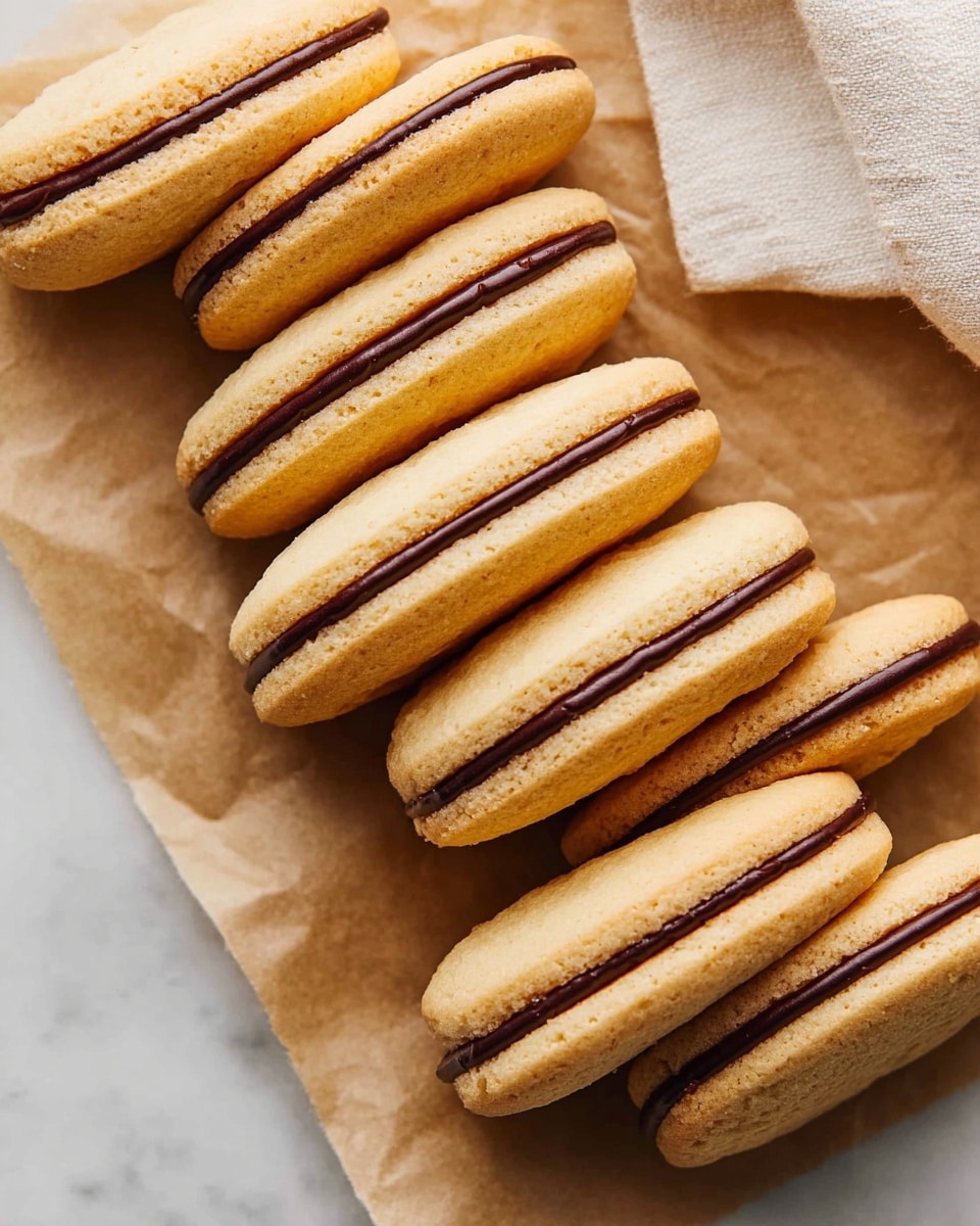 The image shows two light golden oblong cookies with a soft texture, stacked on a tan surface. One cookie lies flat underneath, smooth and slightly bumpy on top with tiny pores visible. The second cookie rests diagonally on top, broken in half to reveal a dark rich chocolate layer sandwiched between the two cookie halves, showing a thick filling smoothly spread within. The background is a white marbled texture. photo taken with an iphone --ar 4:5 --v 7