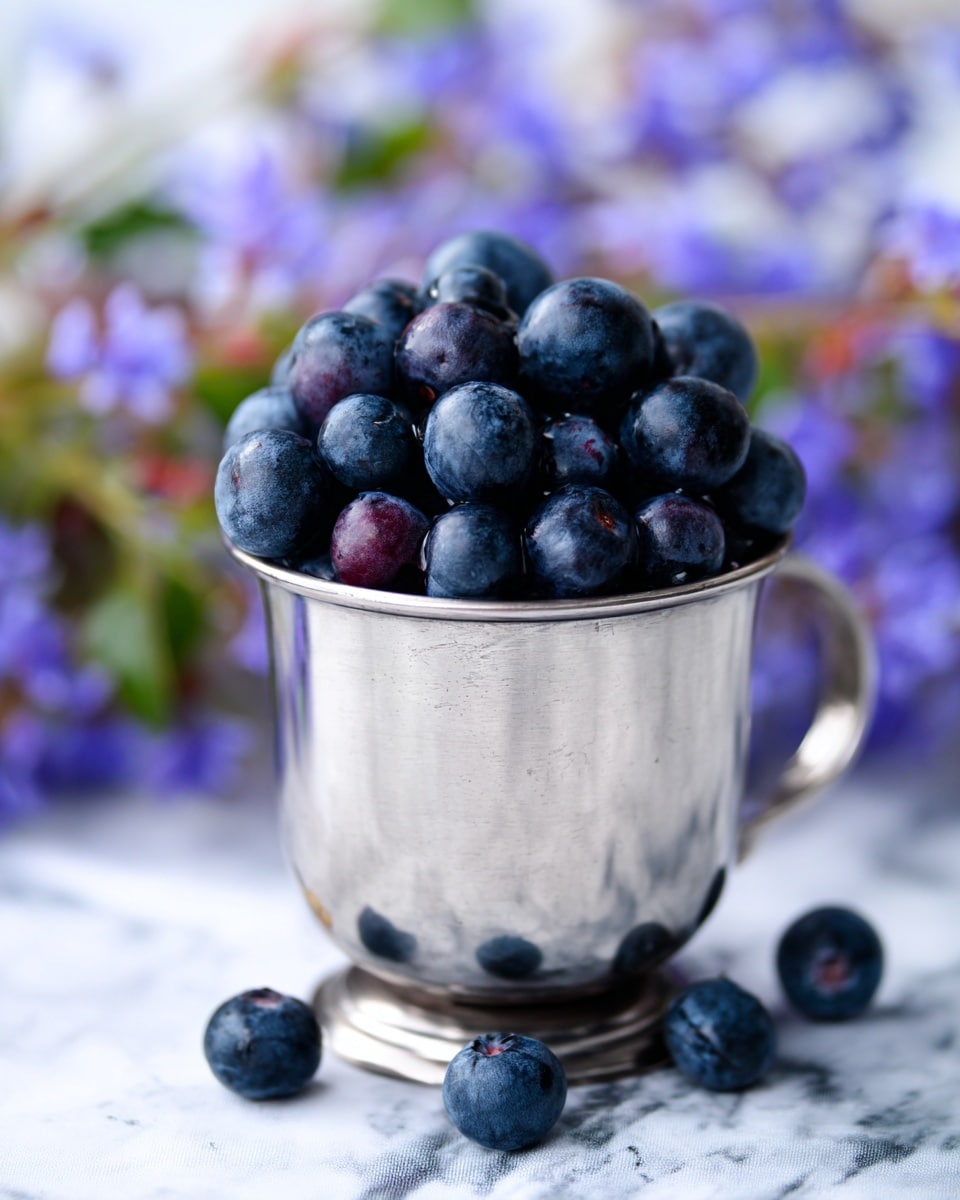 A shiny metal cup filled to the top with fresh, round blueberries that are deep blue and purple with a smooth texture. The cup sits on a white marbled surface with soft blue and purple blurred flowers in the background. The blueberries are stacked high, showing their natural round shape and slight gloss. photo taken with an iphone --ar 4:5 --v 7
