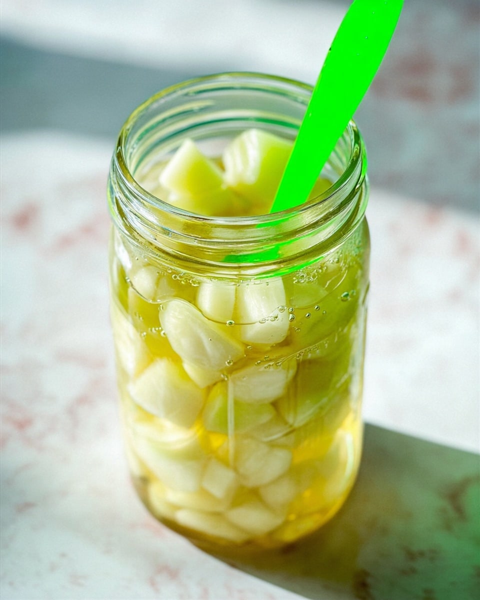 A clear glass jar filled with small, pale yellow chunks of fruit, almost reaching the top, with some light liquid surrounding the pieces. A bright green utensil is placed inside the jar, extending from the bottom to above the rim, with small bubbles forming near where it meets the liquid. The background shows a blurred white marbled surface with soft light giving a fresh and clean look. photo taken with an iphone --ar 4:5 --v 7