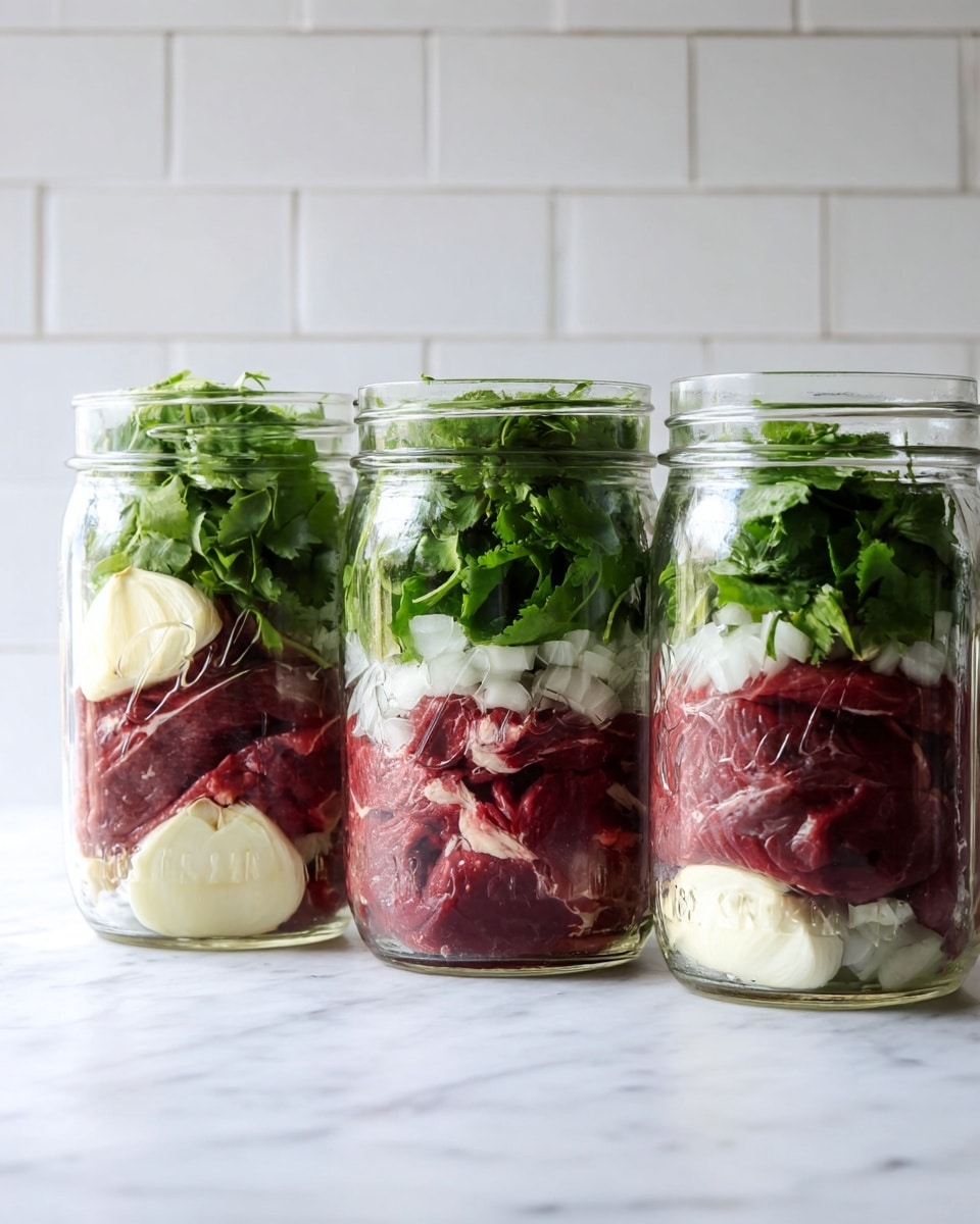 Three clear glass jars are lined up side by side on a white marbled surface, each filled with several distinct layers of ingredients. At the bottom, there is a layer of dark red raw meat with visible white fat parts, above it sits a layer of small white onion pieces. Next, bright green leafy herbs, likely cilantro, form the top layer with some slices of pale garlic placed on the left side of the front jar. The jars are placed against a simple white tiled wall background, creating a clean and fresh look. photo taken with an iphone --ar 4:5 --v 7
