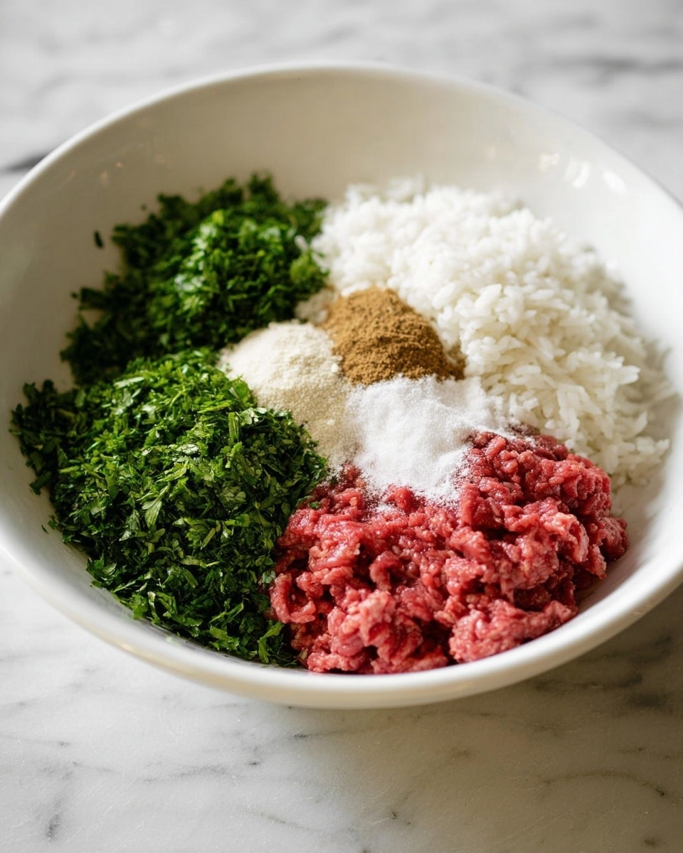 A white bowl sits on a white marbled surface, filled with four distinct layers of ingredients. On the left, there is a fresh pile of finely chopped green herbs, rich and leafy in texture. Next to that, a small mound of light brown spice powder. To the right of the spice, a heap of white granulated salt sits on top of fluffy, white cooked rice, which takes up most of the right side of the bowl. At the front and bottom, bright red ground meat shows its soft, textured strands. The ingredients are neatly separated and ready to be mixed together, photo taken with an iphone --ar 4:5 --v 7
