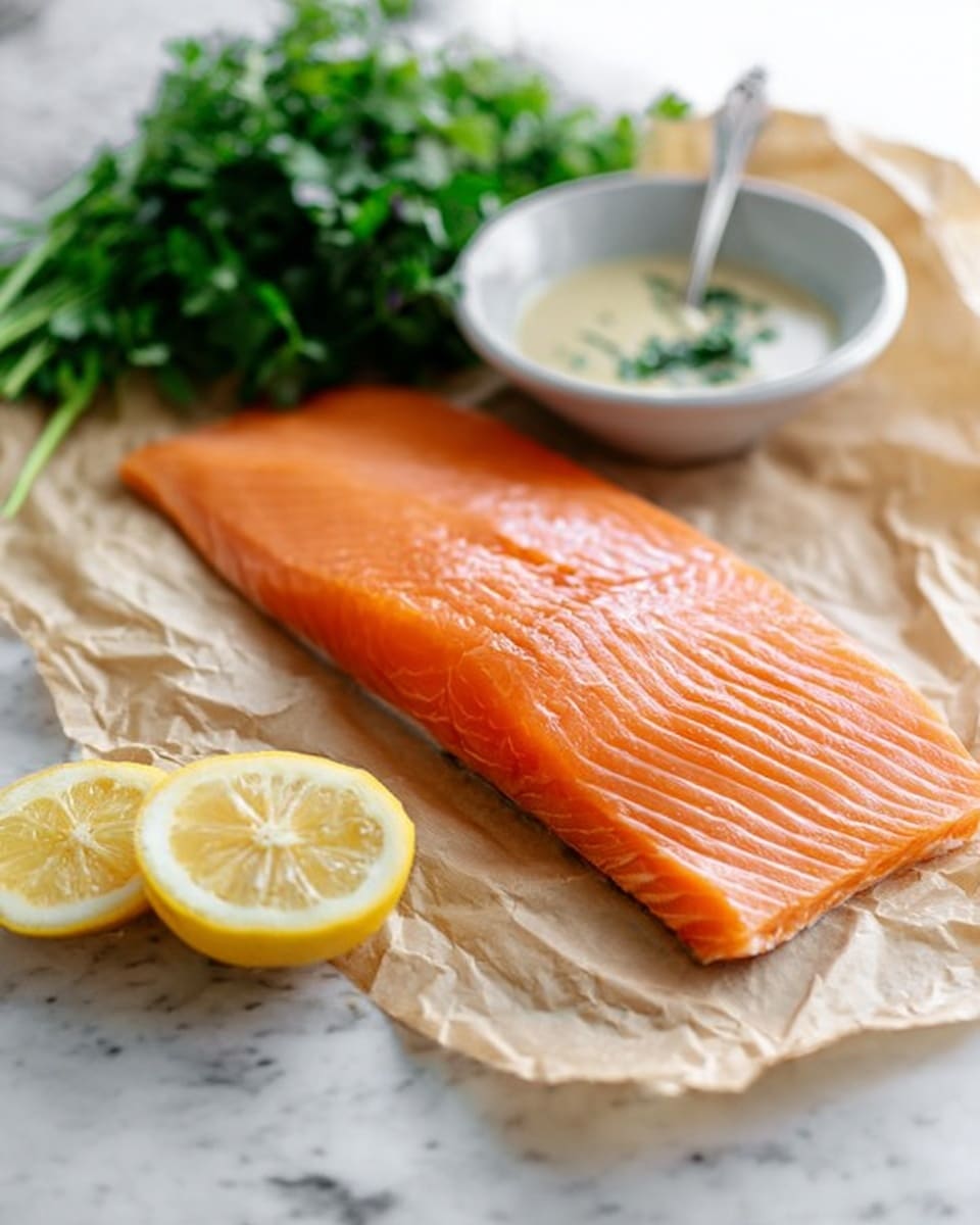 A large raw salmon fillet with bright orange color and visible lines of white fat sits on crumpled parchment paper on a white marbled surface. Behind the salmon, there is a bunch of fresh green herbs that look like parsley, and next to it, a white bowl with a creamy sauce and a silver spoon inside. In front of the salmon, there are two lemon halves with bright yellow skin and juicy, pale yellow inside. The scene looks fresh and clean with natural light. photo taken with an iphone --ar 4:5 --v 7