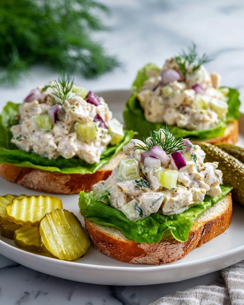 The image shows open-faced sandwiches on a white plate placed on a white marbled surface. Each sandwich has three layers: a base slice of toasted bread with a golden-brown crust, topped with bright green leafy lettuce, and a creamy chicken salad mix on top. The chicken salad layer is chunky and mixed with small pieces of green celery, diced pickles, and purple onion bits, garnished with small sprigs of dill. On the plate, there are also several slices of crinkle-cut pickles and a whole pickle. The lighting highlights the fresh textures and colors of the ingredients. Photo taken with an iphone --ar 4:5 --v 7