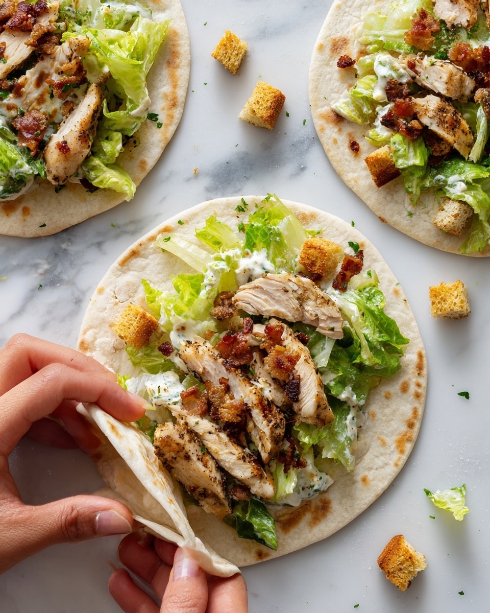Three small flatbreads with toasted golden-brown edges and a soft, lightly spiced crust form the base layer. Each flatbread is topped with a pile of fresh green lettuce mixed with a creamy light dressing, creating a soft, leafy second layer. Scattered on top are crispy golden croutons and thin, off-white shavings of cheese, adding a crunchy and textured third layer. The flatbreads rest on white parchment paper inside a metal baking tray, all placed on a white marbled surface next to a white cloth with a simple black grid pattern. Photo taken with an iphone --ar 4:5 --v 7