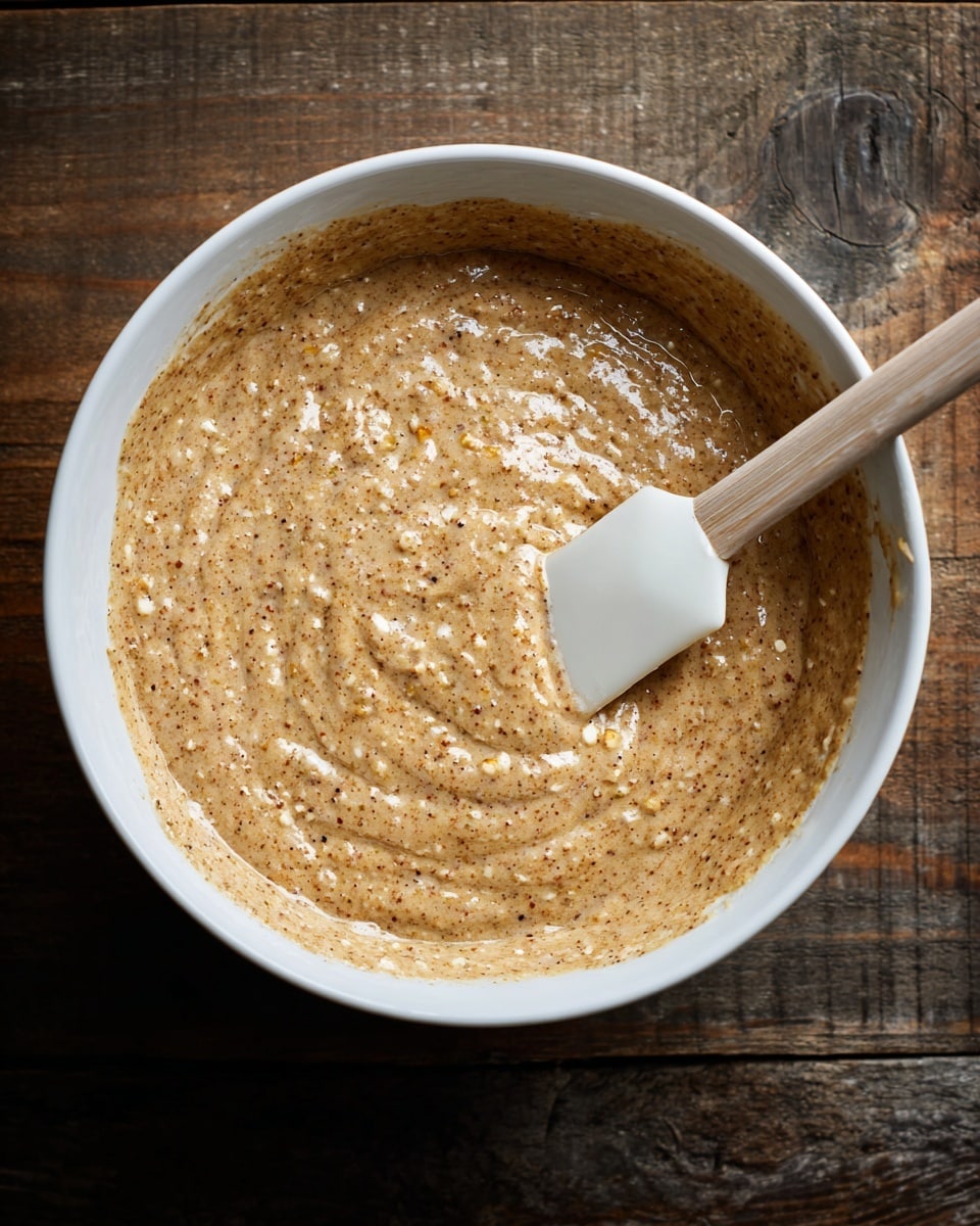 The image shows a close-up of a white bowl filled with thick, chunky light brown batter that has a slightly shiny and textured surface. There are small bits and speckles throughout the batter, adding texture and visual interest. A white spatula with a wooden handle is partially immersed in the batter on the right side of the bowl, blending the mixture. The bowl rests on a dark wooden surface. photo taken with an iphone --ar 4:5 --v 7