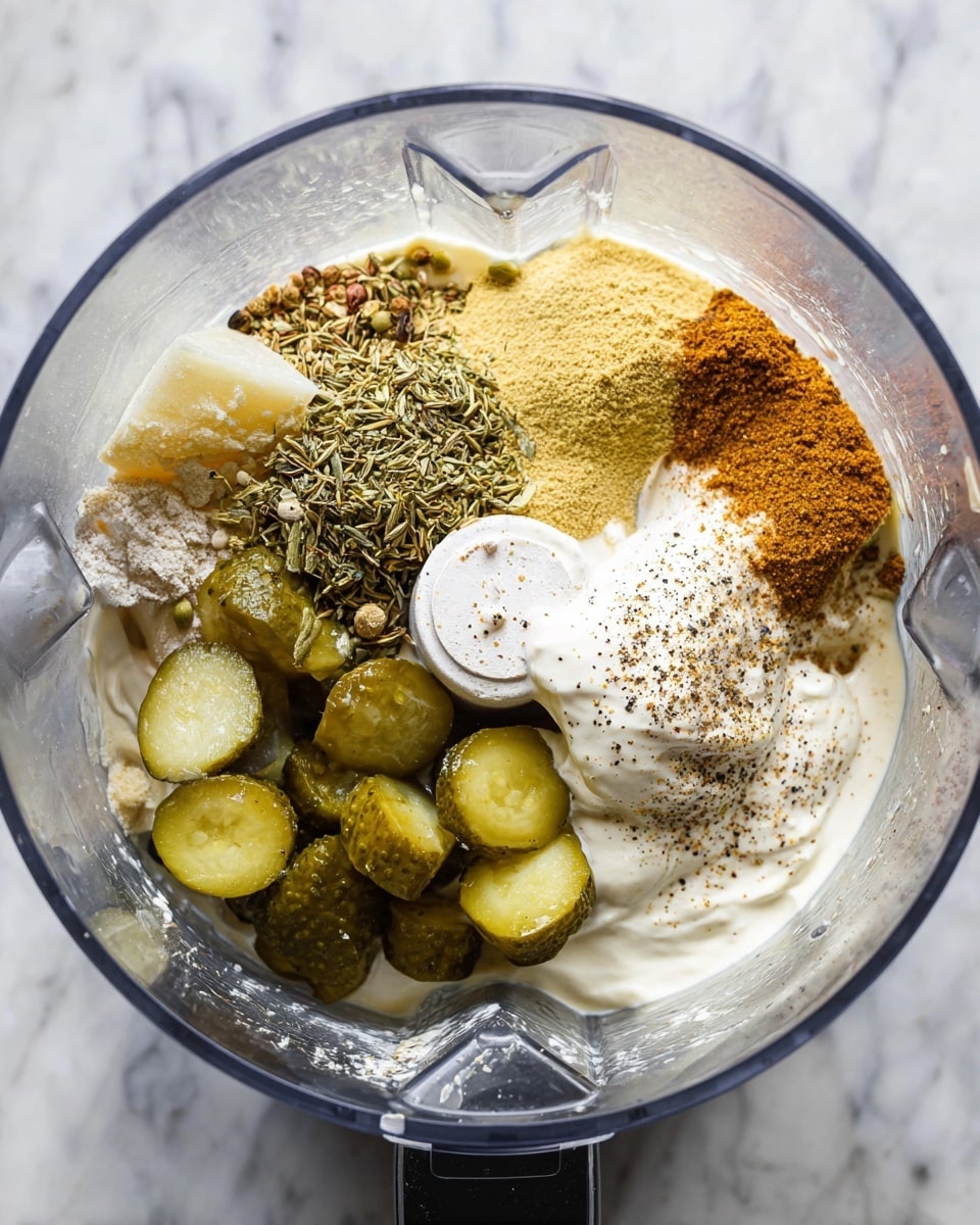 Inside a clear food processor bowl, there are multiple ingredients layered together. The base is a thick white creamy mixture that fills the bottom. On top of that are several pale yellow and golden powdery spices spread mostly on one side. Overlapping these powders, there are dried greenish-brown herbs scattered loosely. Around one edge of the bowl sits a group of sliced pickles, green with a slightly shiny wet look and visible inner seeds. The center reveals a dollop of white cream with a smooth texture sprinkled with black pepper. The bowl sits on a surface with a white marbled texture. photo taken with an iphone --ar 4:5 --v 7