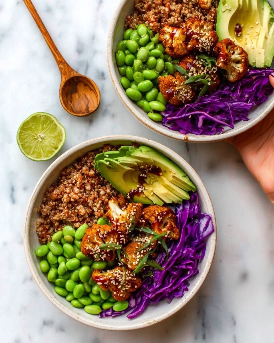 The image shows two white bowls filled with colorful food sitting on a white marbled surface. Each bowl contains four main layers: a portion of reddish-brown cooked grain on one side, a pile of bright green edamame beans next to it, thin strips of purple cabbage next to the beans, and topped with four pieces of golden brown roasted cauliflower drizzled with a dark sauce and sprinkled with sesame seeds. Each bowl is also garnished with a long, thin slice of light green avocado resting on top, and a slice of bright green lime placed near the bowl on the marbled surface. A woman's hand holding a wooden spoon is seen near the top left. Photo taken with an iphone --ar 4:5 --v 7