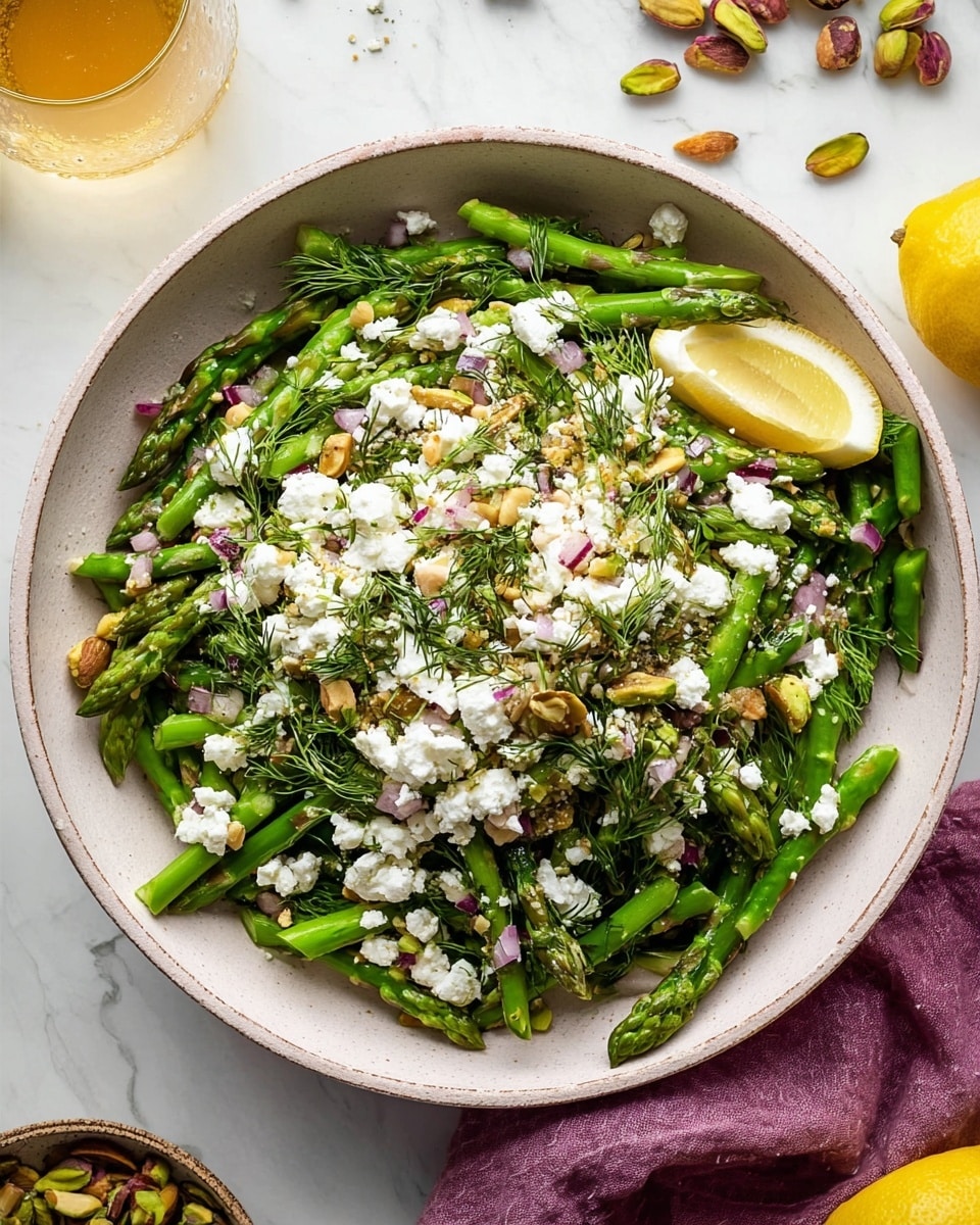 A large white bowl filled with a layered asparagus salad sits on a white marbled surface. The bottom layer consists of bright green asparagus cut into small pieces, some whole tips visible. Scattered throughout are green herbs like dill, adding texture and color. On top, there is a generous layer of crumbled white feta cheese mixed with finely chopped red onions and small bits of nuts, possibly pistachios, that add a crunchy look. A lemon wedge is placed on the edge of the bowl for garnish. Around the bowl on the surface are scattered nuts and slices of lemon, with a glass of light yellow drink in the top left corner. photo taken with an iphone --ar 4:5 --v 7