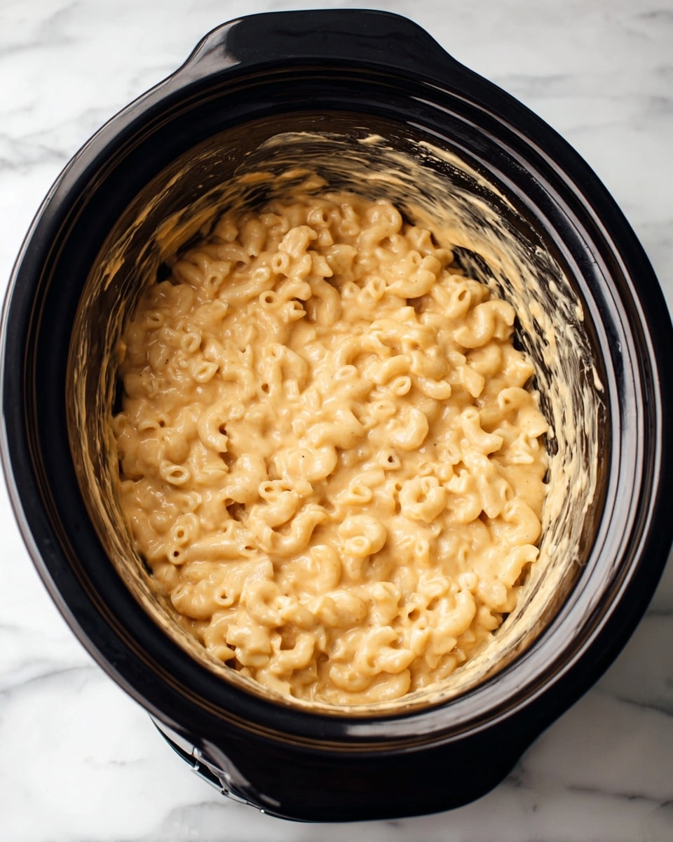 A black slow cooker filled with creamy macaroni and cheese, showing soft, curved pasta pieces covered in a thick light orange cheese sauce that appears smooth and slightly shiny. The inside walls of the slow cooker have some cheese sauce residue, and the whole cooker is placed on a white marbled surface. The image is taken from above, focusing on the textures of the cheese and pasta. photo taken with an iphone --ar 4:5 --v 7