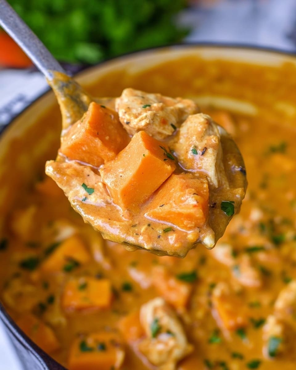 A close-up view of a thick stew with a creamy, orange-brown sauce filling the entire pot. The stew contains soft chunks of white meat and bright orange carrot pieces, all mixed evenly throughout the sauce. The texture looks smooth with small specks of black pepper and herbs scattered throughout. The pot edges are slightly visible, showing the rich stew inside. The background is a white marbled surface. photo taken with an iphone --ar 4:5 --v 7