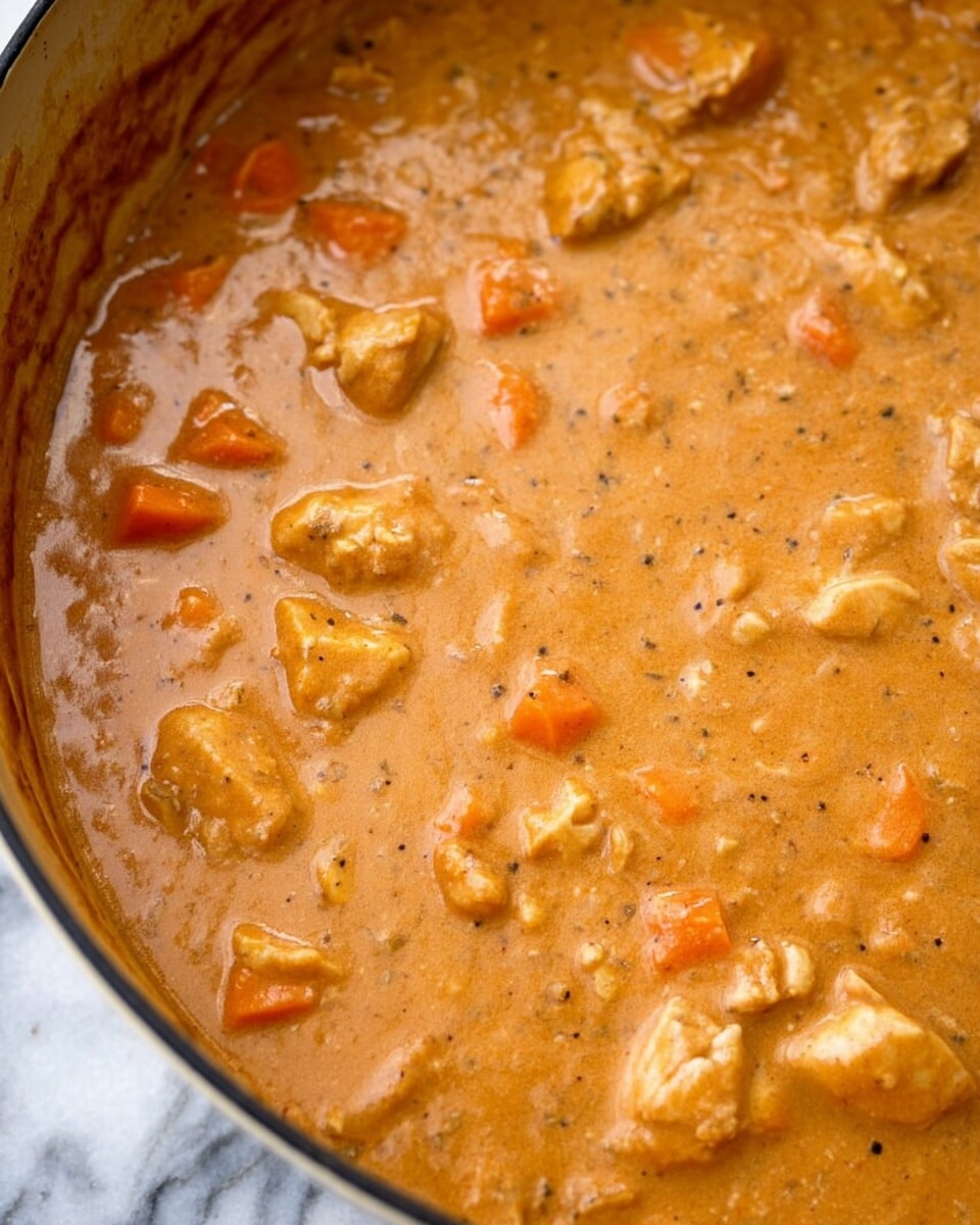 A close-up view of a large spoon filled with thick orange stew showing medium-sized chunks of creamy orange sweet potato and pale pieces of cooked chicken in a smooth sauce. The spoon is held over a pot full of the same stew with similar texture and color, with some green parsley and chunks of sweet potato blurred in the background on a white marbled surface. The stew looks rich with visible soft pieces and a creamy finish, the color ranges from light to medium orange. Photo taken with an iphone --ar 4:5 --v 7