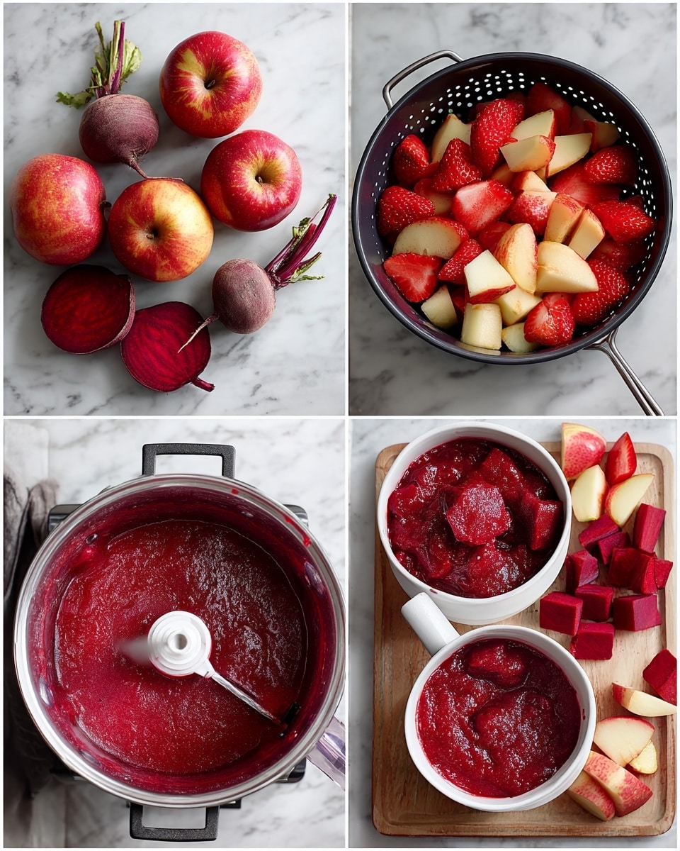The image shows four steps of making a bright red fruit and vegetable puree. Step 1 shows three fresh beets with green tops on a white marbled surface, a black colander filled with five red and yellow apples, and a clear glass bowl of fresh strawberries. Step 2 shows a top view of a black cooking pot containing chopped red apples, strawberries, and chunks of beets, arranged in layers with apples on the bottom and strawberries and beets on top. Step 3 shows the pot filled with a smooth, deep red puree with a white hand blender immersed in it. Step 4 shows two white bowls filled with the thick, red puree, with a silver spoon inside one bowl. Around the bowls are some sliced apples, whole beets, and frozen strawberries on a white marbled surface and a light wooden cutting board. Photo taken with an iphone --ar 4:5 --v 7