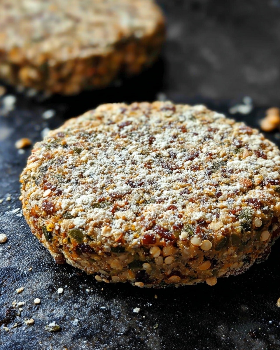 The image shows two round patties made from a coarse mixture of lentils and grains, placed on a dark cooking surface. Each patty is thick and roughly circular, with a textured surface dotted with small green and brown lentils, and dusted lightly with a white powdery flour. The patties have a rough, rustic look with visible seeds or grains embedded throughout. The background is a white marbled texture. Photo taken with an iphone --ar 4:5 --v 7