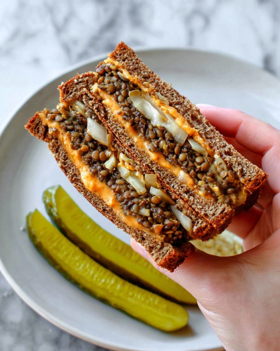 A woman's hand is holding a sandwich that has two thick slices of dark brown bread with a grainy texture. Inside, there is a thick layer of cooked lentil mixture that is dark greenish-brown with visible bits of white onion strips on top. The lentil filling is surrounded by a layer of creamy orange spread that lines the inside of the bread slices, adding a smooth contrast to the rough texture of the filling. The sandwich is placed on a white plate, and next to it are two long, shiny green pickle slices. The background is a white marbled surface. Photo taken with an iphone --ar 4:5 --v 7