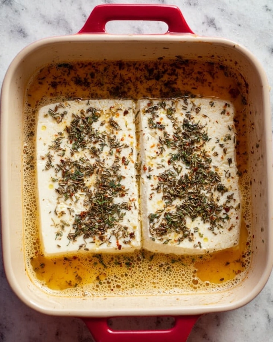The image shows a white casserole dish with red handles on a white marbled surface. Inside the dish, there are two large white cheese blocks sitting in a light brown sauce, sprinkled with dark green and brown dried herbs evenly spread over the cheese. The sauce is slightly thick and covers the bottom of the dish, with small bubbles and a bit of texture visible. The cheese blocks are rectangular, smooth, and lie flat, almost side by side, with a small gap between them. Photo taken with an iphone --ar 4:5 --v 7
