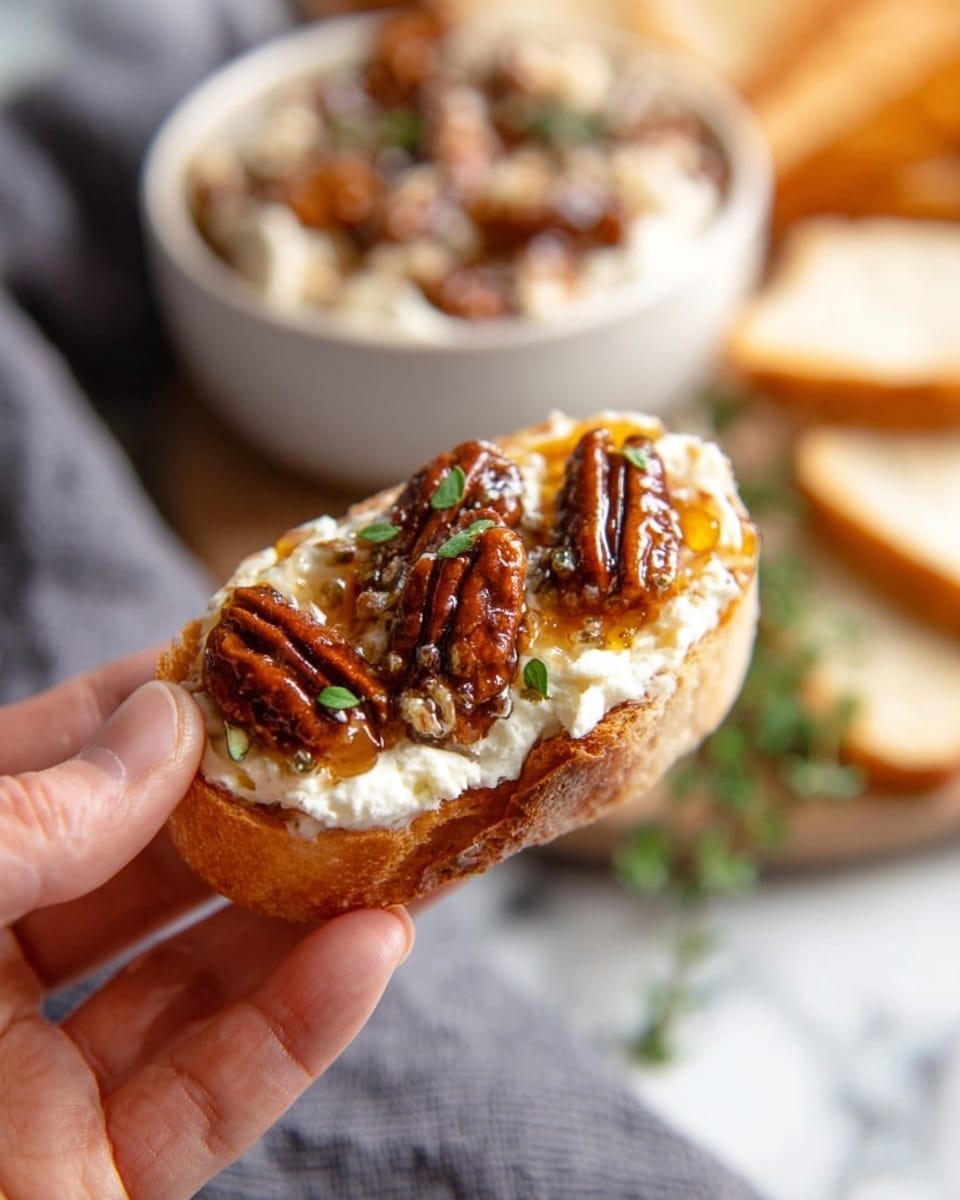 A woman's hand holds a piece of sliced white bread topped with three layers: the first layer is soft white cheese spread thickly, the second layer consists of shiny, brown toasted pecans arranged neatly, and the third layer is a clear amber-colored jelly drizzled over the pecans. The pecans have a glossy, textured surface and small green herb leaves are scattered on top, adding a slight pop of color. In the background, out of focus, there is a white bowl filled with more cheese mix and pecans, a white marbled surface beneath, some sliced bread, and a gray cloth. photo taken with an iphone --ar 4:5 --v 7