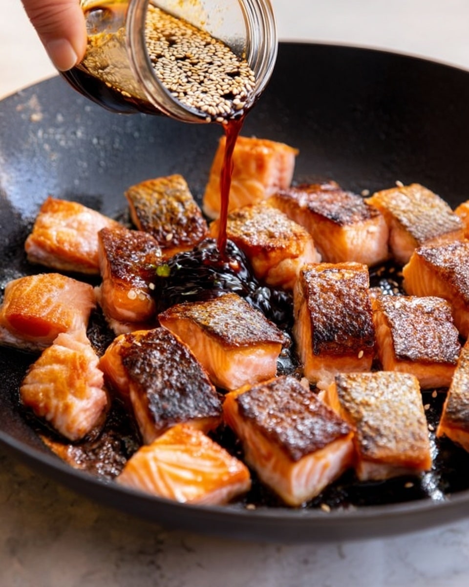The image shows many small salmon pieces with crispy dark brown skin and light pink flesh, arranged in a black frying pan. A woman's hand is pouring a dark soy sauce with tiny white sesame seeds from a small clear jar over the salmon pieces. The surface under the pan is white with a marble pattern. The lighting highlights the texture and colors of the salmon and sauce, showing a close-up cooking moment photo taken with an iphone --ar 4:5 --v 7