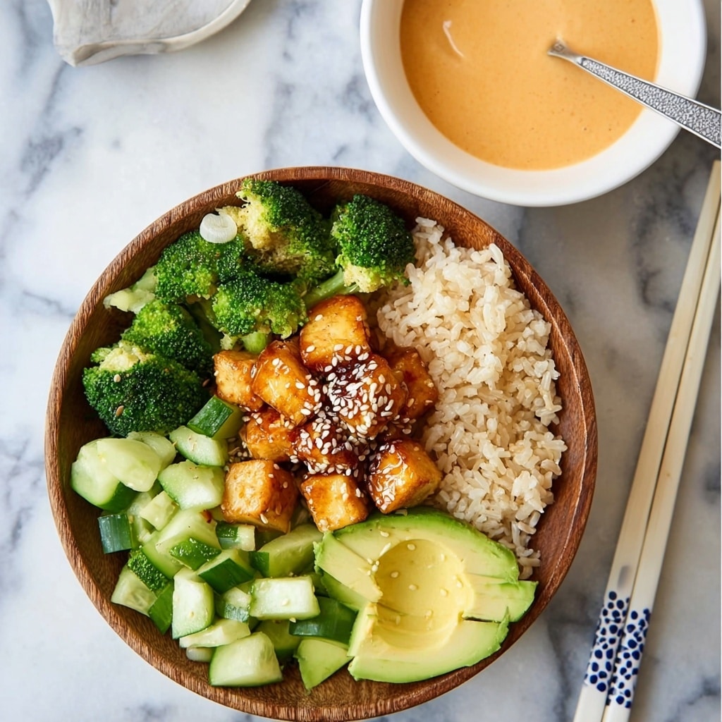 A white wooden bowl holds a colorful layered dish starting with a base of light brown rice covering one side. On top of the rice, there are golden-brown glazed tofu cubes sprinkled with sesame seeds in the center. Surrounding the tofu are various fresh vegetables: bright green broccoli florets and diced cucumber pieces on the left side, and sliced pale green avocado arranged at the bottom right. Nearby is a white bowl filled with a creamy orange sauce with a spoon inside. The whole setup sits on a white marbled surface with a pair of white chopsticks with blue dots placed to the right. 

photo taken with an iphone --ar 4:5 --v 7