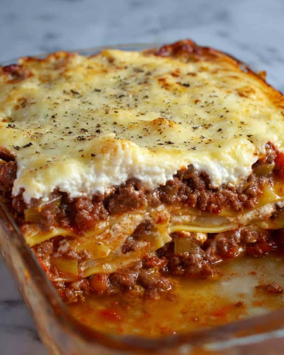 The image shows a close-up of a baked lasagna in a clear glass dish on a white marbled surface. The lasagna has several layers starting with a base of thick, golden pasta sheets, followed by a rich layer of dark brown cooked meat sauce mixed with bits of vegetables. On top of the meat sauce is another layer of pasta, then a generous layer of white creamy cheese, and finally a top layer of melted, pale yellow cheese sprinkled lightly with black pepper. The cheese looks soft and slightly bubbly from baking. Photo taken with an iphone --ar 4:5 --v 7