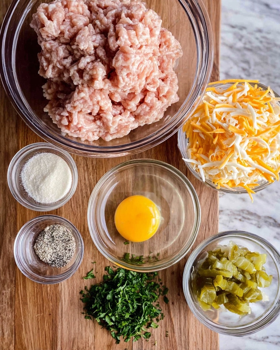 A clear glass bowl filled with light pink ground meat sits on a wooden surface. Below it, there is a smaller clear glass bowl with a bright yellow raw egg yolk and clear egg white. To the right of the egg, another clear glass bowl contains shredded cheese in shades of white and orange. Near the bottom left corner is a small heap of green chopped herbs. Above the herbs are two small clear bowls holding white powdery ingredients, one dusted with black specks. At the bottom right, another small clear bowl holds pale green chopped pickles. The background is a white marbled texture photo taken with an iphone --ar 4:5 --v 7