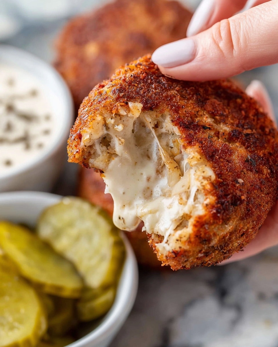 A close-up view of a round fried patty with a rough and crispy brown outer crust, held by a woman's hand. The patty is broken in half showing soft, light beige inside with melted white cheese stretching out. In the background, there is a white bowl with a creamy white dip with black specks, and another white bowl filled with sliced green pickles, all placed on a white marbled surface. photo taken with an iphone --ar 4:5 --v 7