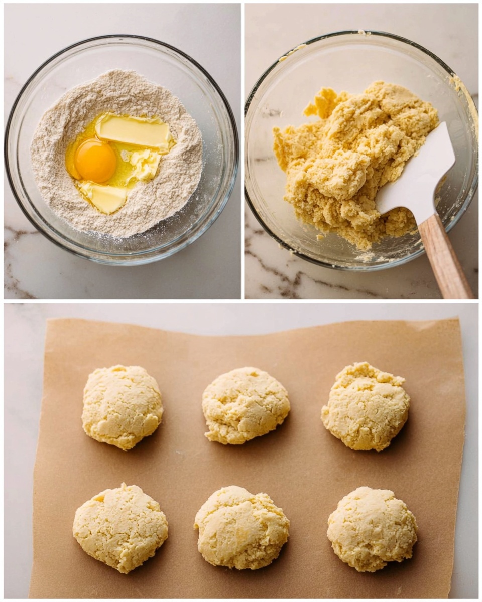 The image shows three steps of making dough for biscuits. The first part has a clear glass bowl with dry ingredients like flour and yellow butter chunks, mixed with an egg on top. The second part shows the same bowl with dough mixed into a rough, sticky texture, and a white spatula inside. The third part shows five round dough pieces, evenly spaced, placed on light brown parchment paper on a white marbled surface. The dough pieces have a pale yellow color with some small bumps. photo taken with an iphone --ar 4:5 --v 7