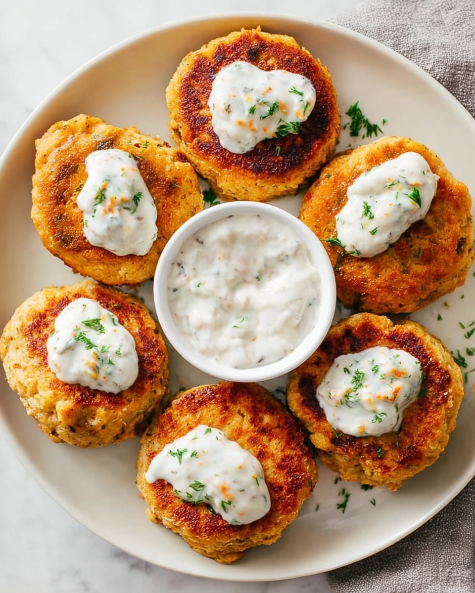 The image shows five golden-brown patties arranged in a circle on a round white plate with a white marbled texture beneath. Each patty has a dollop of creamy white sauce with small green and orange flecks on top. In the center of the plate, there is a small white sauce dish filled with the same creamy sauce. The patties have a slightly crispy texture with some darker brown spots from cooking. The overall presentation is neat and inviting. Photo taken with an iphone --ar 4:5 --v 7