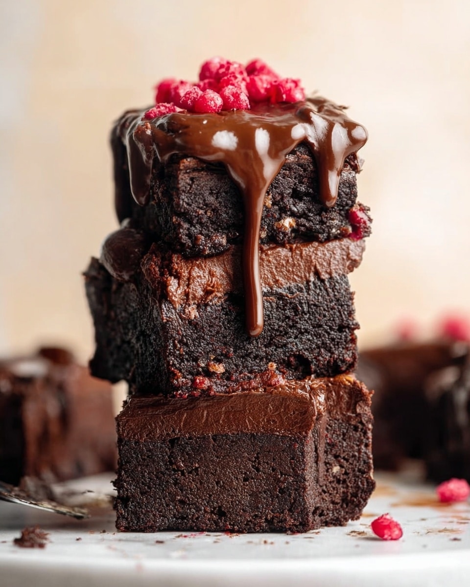 A tall stack of five thick, square-shaped chocolate brownie pieces is shown on a white marbled surface. The bottom layer is a dense, dark brownie with a slightly rough texture and visible tiny air pockets. The second layer is smooth chocolate frosting with a shiny surface and some bits of red fruit scattered inside. The third and fourth layers are additional dark brownie pieces, both looking dense and moist with a slightly crumbly texture. The top fifth layer is covered with glossy, thick chocolate sauce dripping down the sides, and there are small clusters of bright red dried fruit pieces sitting on top. The background is soft and out of focus with light colors. photo taken with an iphone --ar 4:5 --v 7