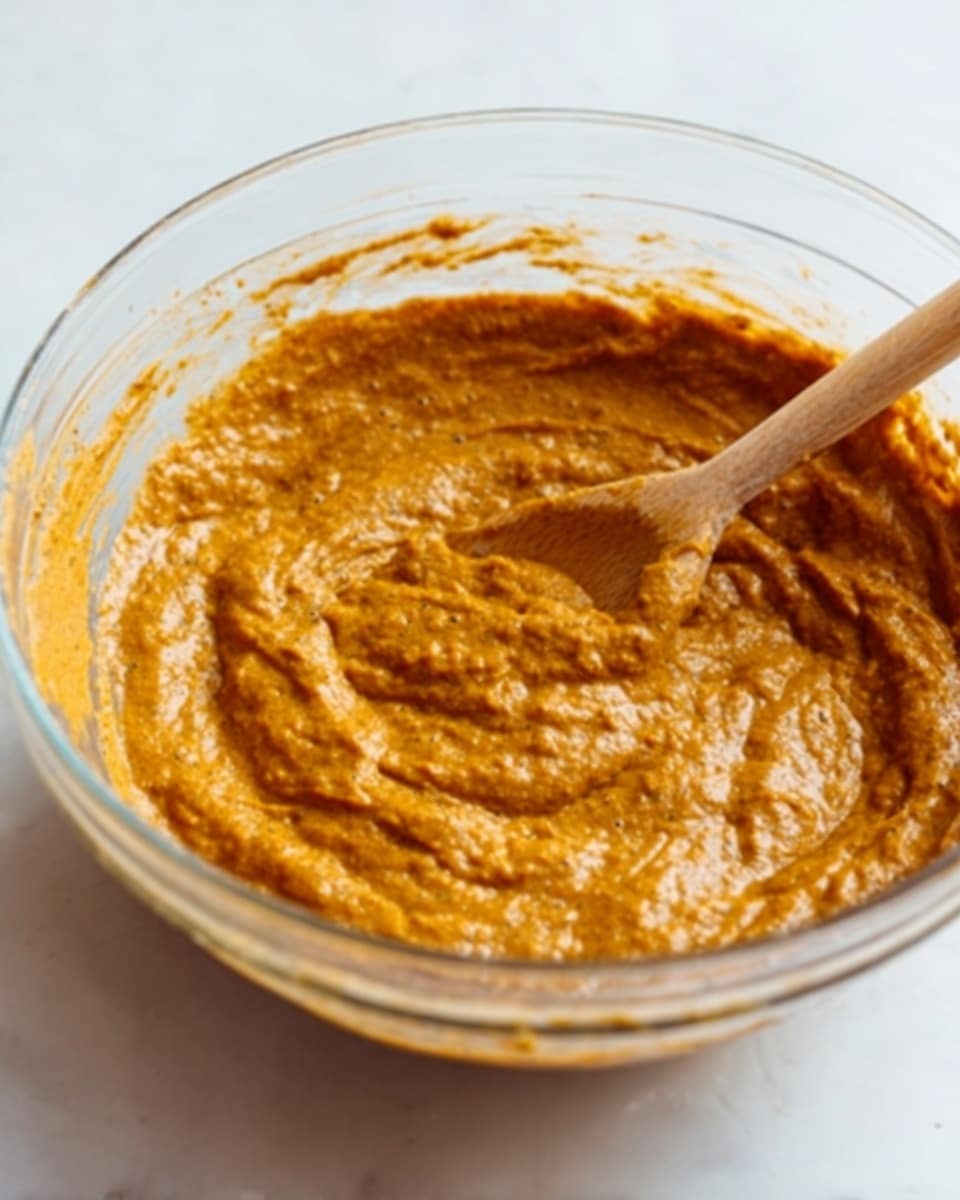 A clear glass bowl filled with thick, orange-brown batter that has a slightly rough and uneven texture. A wooden spoon is partially dipped into the batter, leaning against the side of the bowl. The bowl sits on a white marbled surface, and the batter fills most of the bowl, with some batter clinging to the edges inside. The lighting is soft and natural, highlighting the texture and color of the batter. photo taken with an iphone --ar 4:5 --v 7