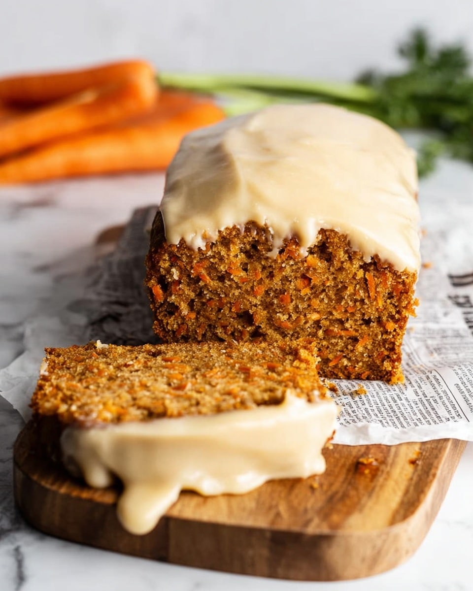 A loaf-shaped carrot cake sits on a wooden board covered with paper printed like newspaper, with one slice cut and slightly pulled out in front. The cake has a rough, textured orange-brown crumb with visible small nut pieces inside. On top is a thick, smooth, creamy light beige frosting that drapes over the edges, with the slice also showing frosting on its base. In the background, there are a few whole orange carrots with green tops, and the surface is a white marbled texture. photo taken with an iphone --ar 4:5 --v 7