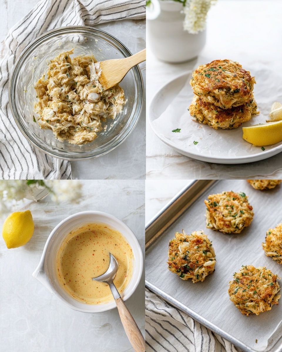 The image shows four scenes: the first is a clear glass bowl with a light yellow creamy sauce mixed with green herbs and a metal spoon inside, placed on a white marbled surface with a striped cloth nearby; the second scene shows the same clear bowl filled with a chunky crab mixture in light beige color with green bits and a wooden spatula resting inside, again on a white marbled surface; the third scene presents two golden-brown crab cakes stacked on a round white plate with a lemon wedge on the side, the background textured with the same white marble and striped cloth; the fourth scene displays a small white bowl filled with a creamy sauce tinted with orange specks and a wooden spoon resting in it; also visible are four uncooked crab cakes on a silver tray placed on the white marbled surface with a small white flower vase nearby, all bathed in soft natural light photo taken with an iphone --ar 4:5 --v 7