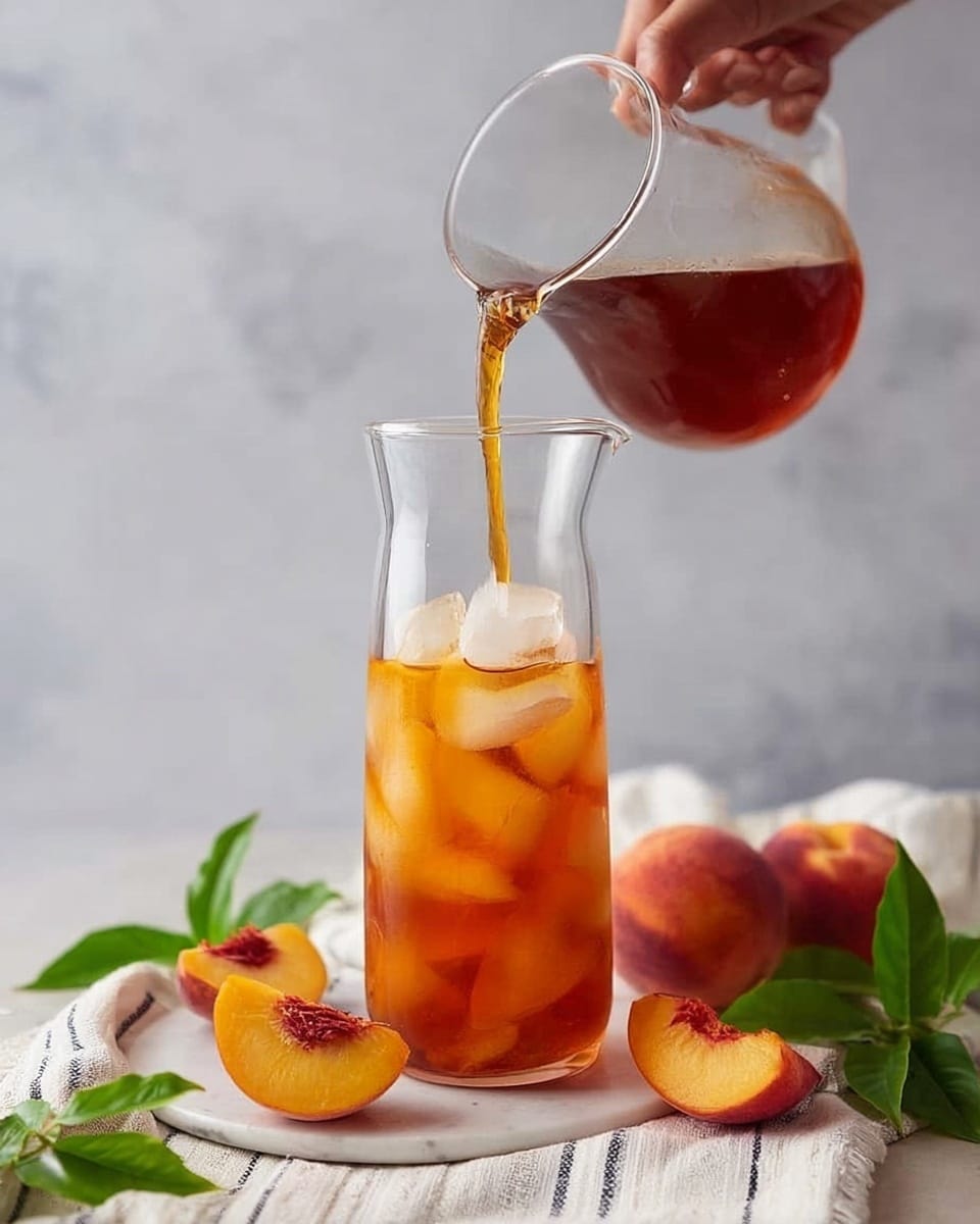 A clear glass carafe filled with several large ice cubes and peach-colored liquid at the bottom, gradually turning darker amber as dark tea is being poured from a small, clear glass pitcher held by a woman's hand into the top; the carafe sits on a white marbled surface with a white cloth with thin dark stripes behind it; fresh peaches, both whole and sliced, and green leaves are arranged around the base, with a soft, neutral background. photo taken with an iphone --ar 4:5 --v 7