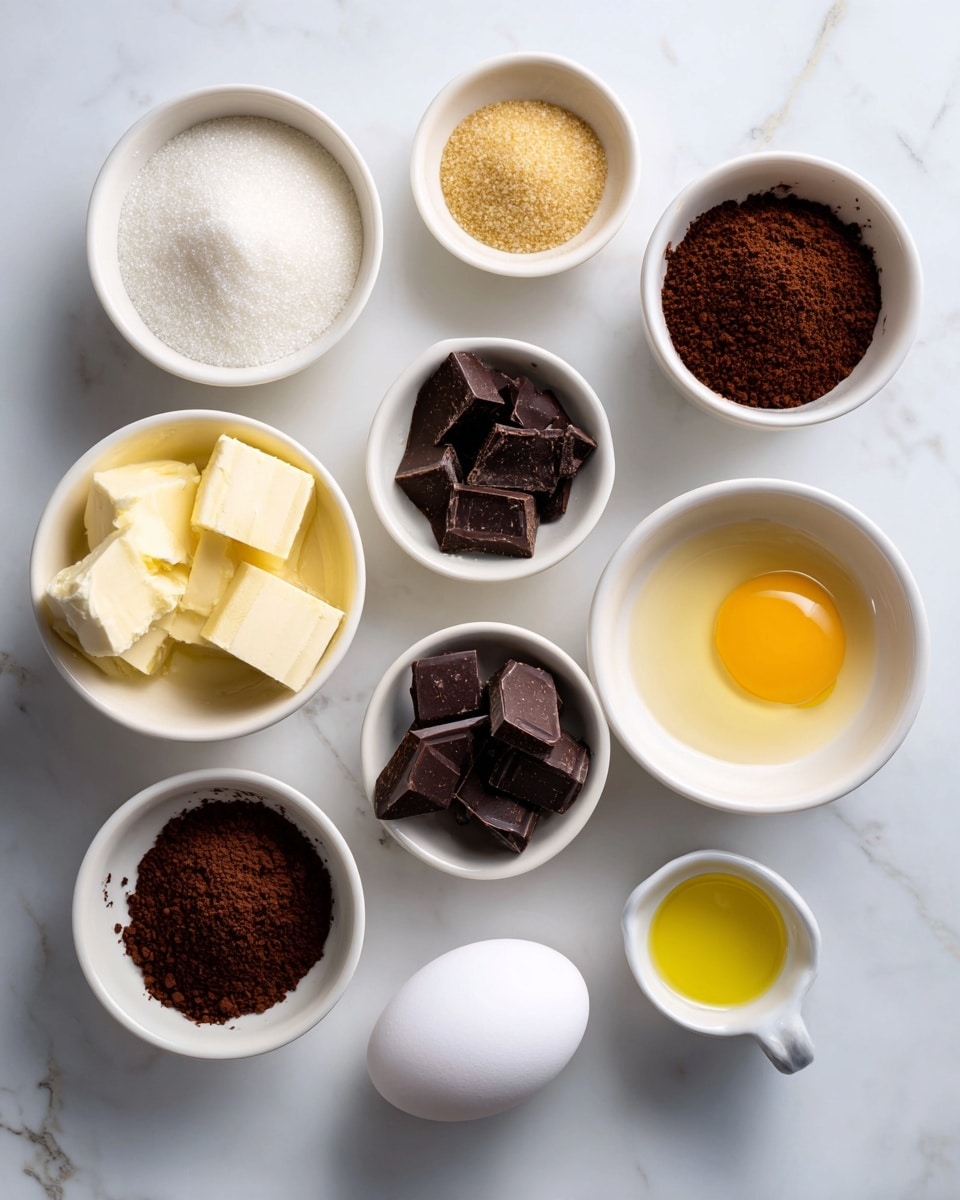 The image shows small white bowls arranged neatly on a white marbled surface, each holding different baking ingredients. There are six bowls in total: one with granulated sugar, one with butter cut into small blocks, one filled with brown sugar, one holding dark brown cocoa powder, one with chocolate chunks, and one with a small amount of pale yellow oil. Near the bottom of the image, there is a single white egg and a small white container with vanilla extract. Each ingredient is clearly labeled with simple black text on white tags positioned above or near the bowls and items. photo taken with an iphone --ar 4:5 --v 7