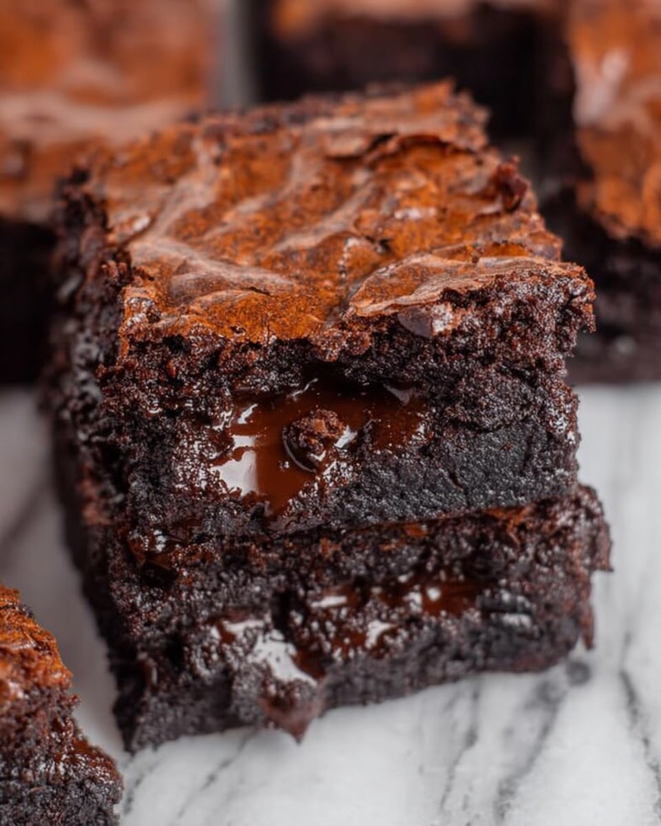 The image shows a close-up of a thick, square chocolate brownie with a shiny, slightly cracked top layer. The brownie has two layers: the top layer is dry and crackled, in a dark brown almost black color, and the bottom layer is rich and moist with melted, glossy chocolate oozing out from the middle. The brownie is placed on a white marbled surface, with parts of other brownies blurred in the background. Photo taken with an iphone --ar 4:5 --v 7