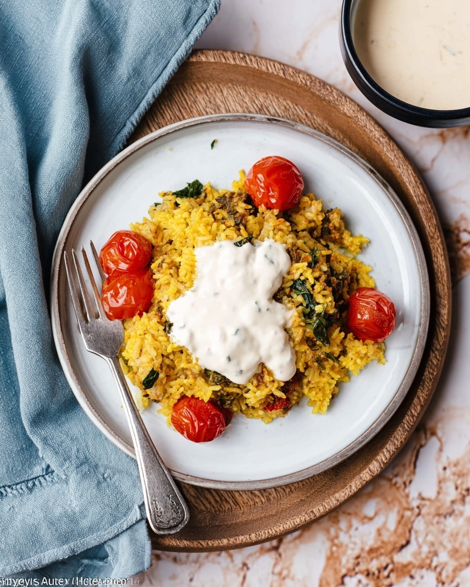 A close-up of a large pot filled with cooked yellow rice mixed with small red cherry tomatoes and leafy greens, with several browned chicken pieces placed on top and nestled into the rice. The rice is fluffy and bright yellow with some herbs visible, and the tomatoes add a glossy, fresh red contrast. The interior of the pot is cream-colored, and a wooden spoon is partially visible on the right side. The pot's exterior is a vibrant red-orange color, all set against a white marbled surface. Photo taken with an iphone --ar 4:5 --v 7