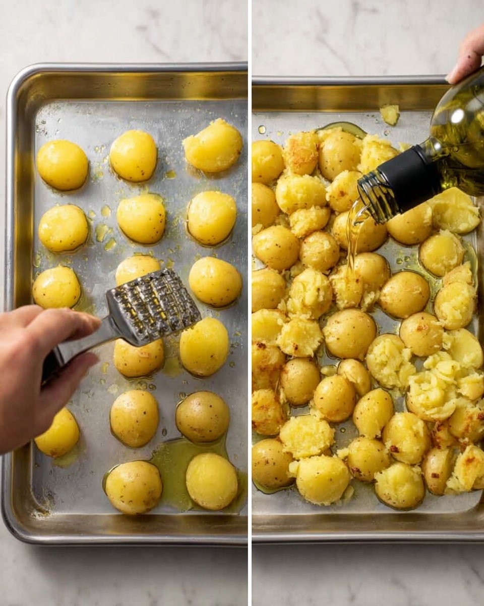 The image shows two side-by-side photos of small round potato pieces on a silver baking tray. On the left, a woman's hand is pressing down on a golden, soft potato with a metal masher, flattening it slightly while the potatoes show a smooth, shiny texture. On the right, the tray holds the smashed potatoes with rough, uneven cracked surfaces, and a bottle is pouring oil over them, giving a shiny coating. The tray sits on a white marbled surface, and the lighting highlights the warm yellow color of the potatoes and the sheen of the oil. photo taken with an iphone --ar 4:5 --v 7