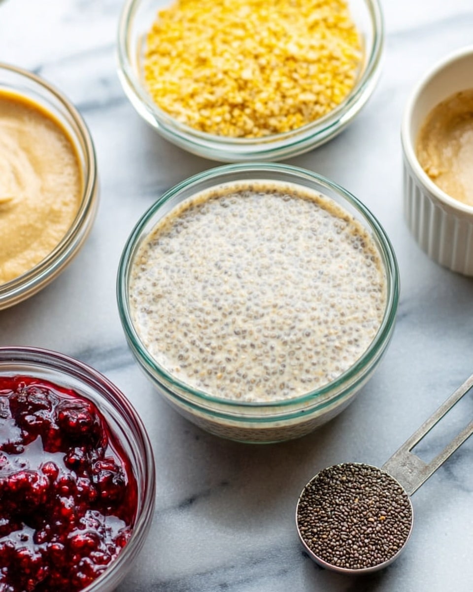The image shows four clear glass bowls on a white marbled surface. The main bowl in front holds a creamy beige chia pudding with visible seeds throughout, showing a smooth and thick texture. To the right is a metal measuring spoon filled with small black chia seeds. Behind the main bowl are three other bowls: one contains bright yellow crushed nuts or crumbs, another has a tan, smooth creamy mixture, and the last one holds a dark red berry sauce with a shiny surface and some visible small fruit bits. The scene is simply arranged, focusing on the different textures and colors of the ingredients. photo taken with an iphone --ar 4:5 --v 7