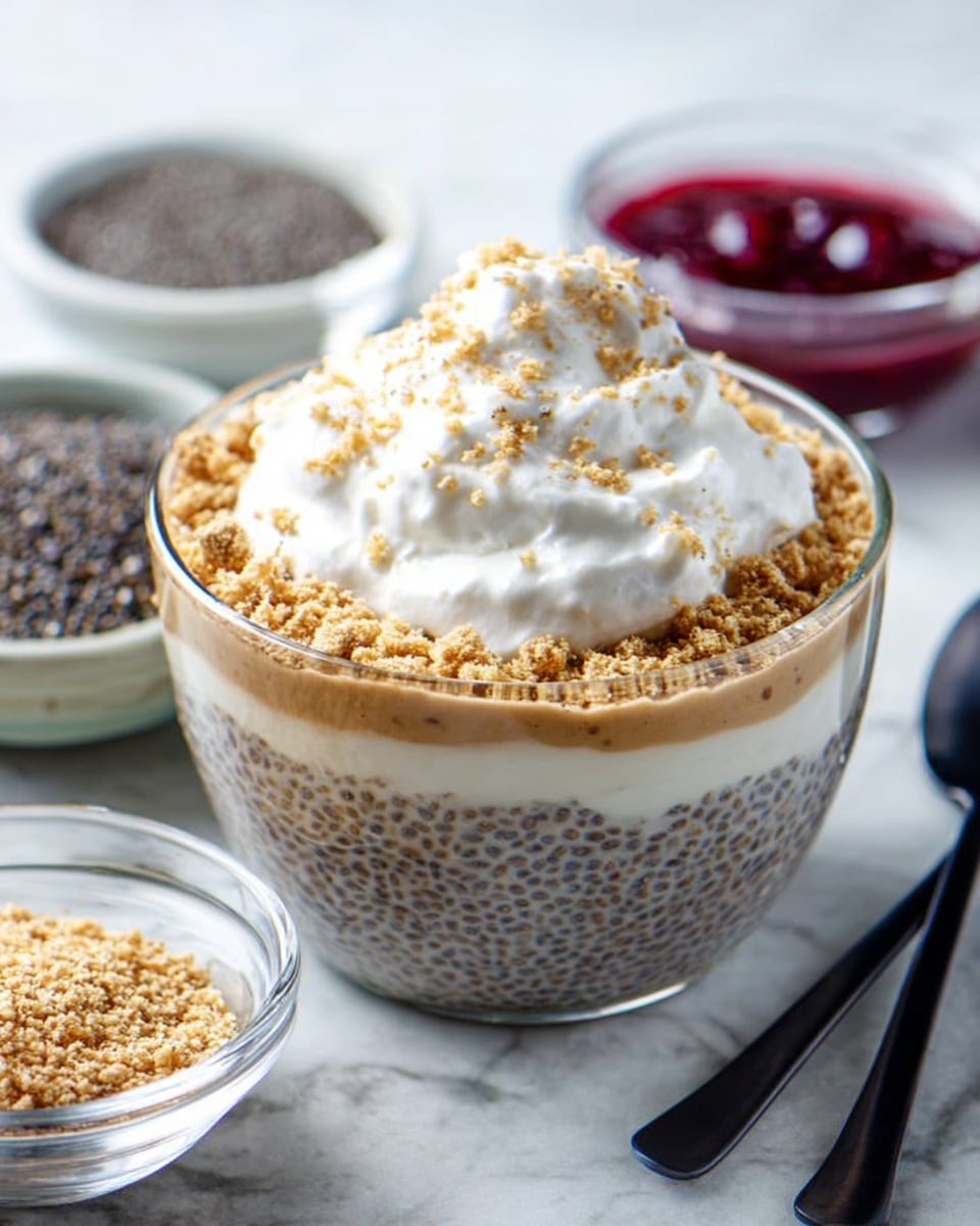A clear glass bowl showing a three-layer chia pudding dessert is placed on a white marbled surface. The bottom layer is light brown with visible small chia seeds in a creamy liquid. The middle layer has crushed light tan crumbs spread evenly. The top layer has a fluffy white dollop of whipped cream sprinkled with fine crushed crumbs. Around the bowl, there are small bowls containing a red berry sauce, light tan crumbs, and black chia seeds. Two black spoons are visible beside the bowl. photo taken with an iphone --ar 4:5 --v 7
