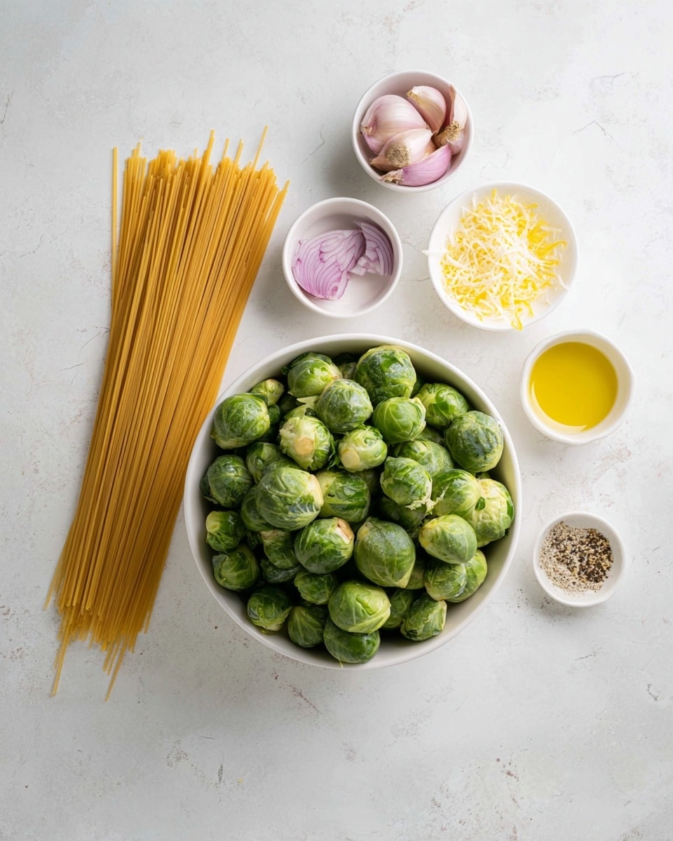 A white bowl filled with many fresh green Brussels sprouts is the main focus near the center of a white marbled surface. To the left side, there is a neat bundle of long, uncooked spaghetti lying flat. Above the Brussels sprouts, a small white bowl holds light purple, sliced shallots. Next to it is another small white bowl with a heap of finely grated cheese. Above the cheese bowl, a tiny white bowl contains minced garlic. To the right of the Brussels sprouts are three small white bowls arranged in a gentle curve: one with light yellow lemon juice, one with golden olive oil, and one with a mix of white salt and black pepper. A small heap of lemon zest is placed close to the grated cheese. The overall scene is clean with fresh ingredients carefully arranged on the white marbled surface. photo taken with an iphone --ar 4:5 --v 7