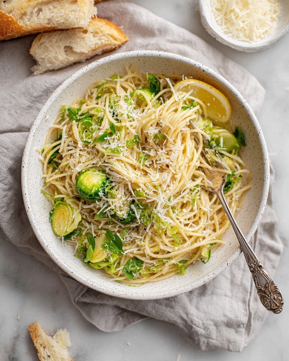 A white speckled bowl holds a serving of spaghetti mixed with bright green Brussels sprout slices and scattered thin leaves. The spaghetti is light golden, with a slightly glossy texture, topped with a sprinkle of white shredded cheese. There is a thin lemon slice partially buried in the pasta on the right side. An ornate silver fork is twirling some spaghetti in the center of the bowl. The bowl sits on a light gray cloth on a white marbled surface. In the background, there are pieces of torn bread and a small white dish with more shredded cheese. photo taken with an iphone --ar 4:5 --v 7