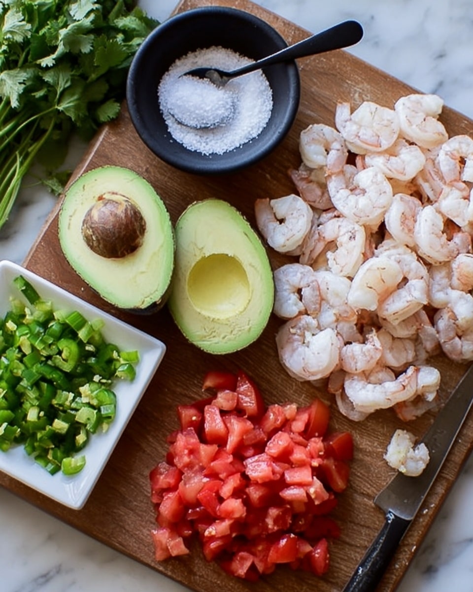 The image shows a wooden board placed on a white marbled surface with several fresh ingredients carefully arranged. On the top right side, there is a large pile of peeled and deveined shrimp, light pink and white in color with a slightly rough texture. Below the shrimp, there are bright red chopped tomatoes in small square pieces. Near the center, two halves of a ripe avocado are placed side by side, showing the smooth green flesh and a large brown seed in one half. To the left, finely diced green jalapeños are neatly placed on another small white surface. In the top left corner, there is a small black bowl filled with white granulated salt and a black spoon resting inside it. A bunch of fresh green cilantro is partially visible in the top left corner. The composition is well lit and clear, with natural colors. Photo taken with an iphone --ar 4:5 --v 7