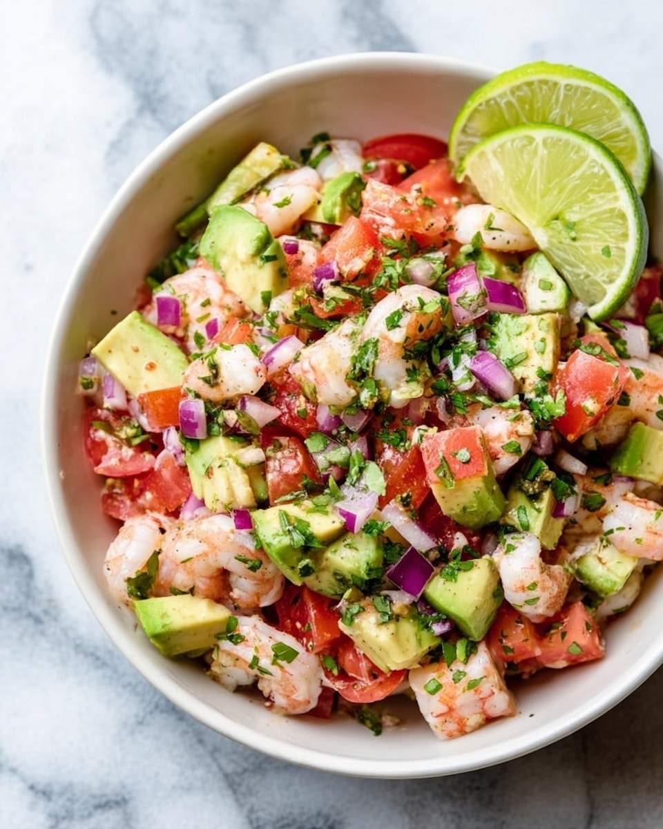 A white bowl filled with a colorful shrimp salad sits on a white marbled surface. The salad has multiple layers, starting with pink shrimp mixed throughout, bright red diced tomatoes, and green avocado cubes. Small bits of purple onion are scattered on top, with finely chopped green herbs sprinkled across the dish. Two thin lime slices rest on the upper right side of the bowl, adding a fresh touch. The textures range from soft shrimp and avocado to the slightly firmer tomatoes and onions. photo taken with an iphone --ar 4:5 --v 7