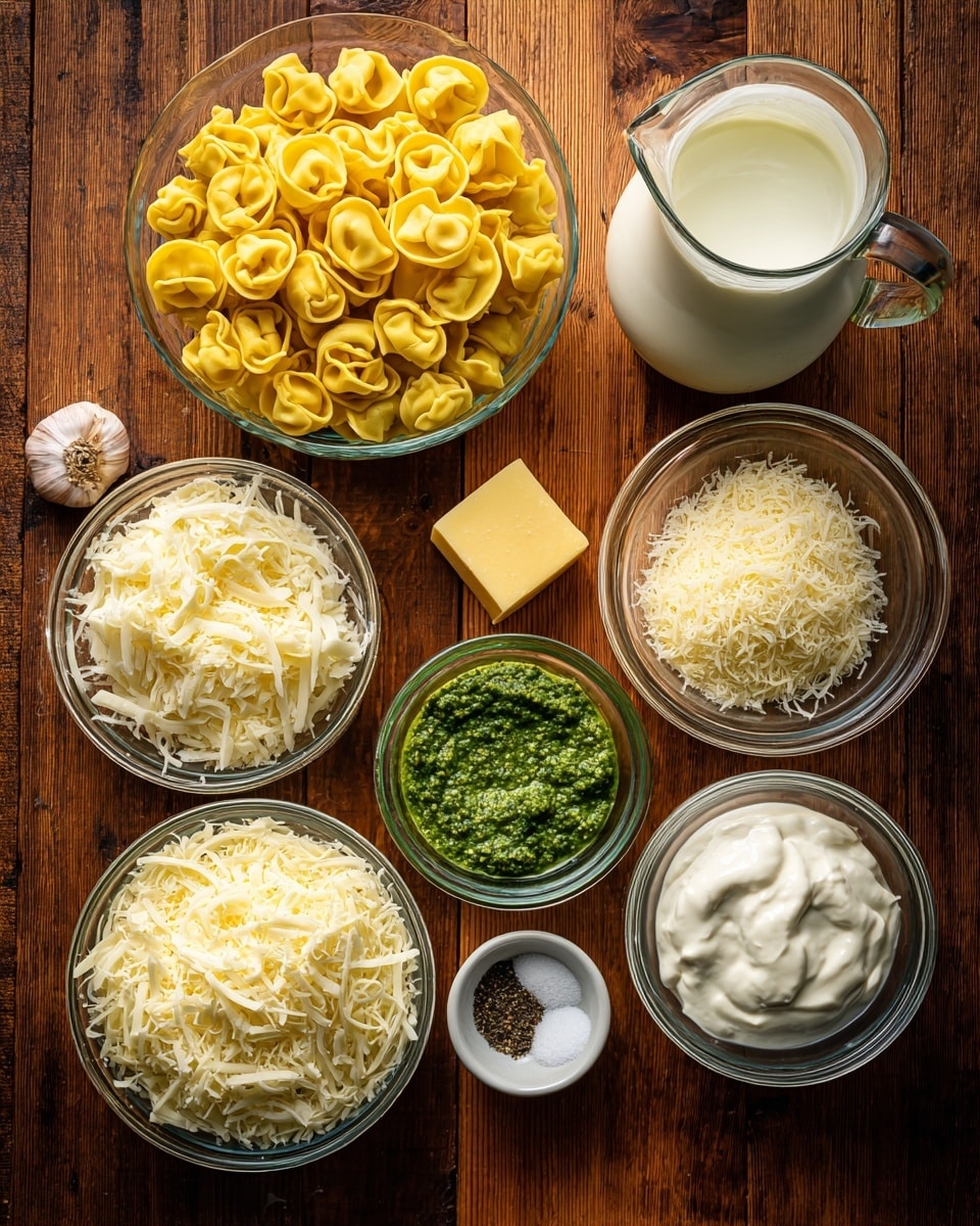 A wooden table holds several small clear glass bowls and containers each with different ingredients. The top left bowl is filled with yellow tortellini pasta, next to it on the right is a glass jug with white heavy whipping cream. Below the cream jug, two clear glass bowls contain grated parmesan cheese, one with coarser shreds and the other with finely grated cheese. At the bottom left, there is a larger clear bowl filled with shredded mozzarella cheese. Below the tortellini is a smaller clear bowl holding green pesto sauce. In the center of the table lies a small square piece of yellow butter and two white garlic cloves. Near the bottom middle, a small white bowl contains salt and pepper, while the bottom right has a small white bowl filled with white sour cream. All items rest on a rich, dark wooden background photo taken with an iphone --ar 4:5 --v 7