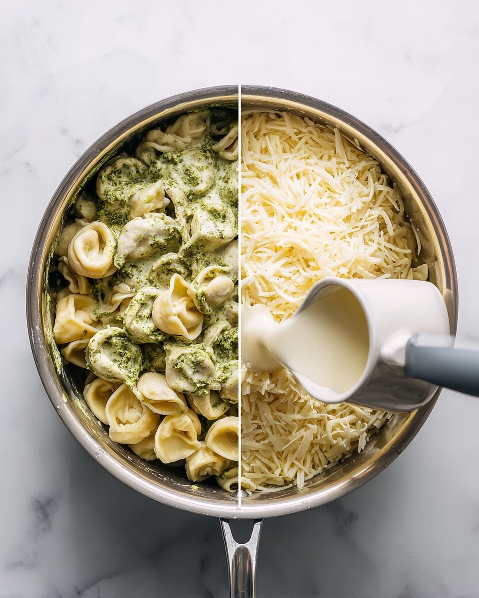 The image shows a stainless steel cooking pot with two scenes side by side on a white marbled surface. On the left side, the pot contains a pasta mixed with green pesto sauce, with visible tortellini shells that are light yellow with green sauce coating. A gray spatula stirs the pasta from the right side inside the pot. On the right side, shredded white cheese covers the pasta inside the same pot, while a creamy white sauce is being poured from a jug above, softly flowing onto the cheese. The pot is set against a white marbled background. Photo taken with an iphone --ar 4:5 --v 7