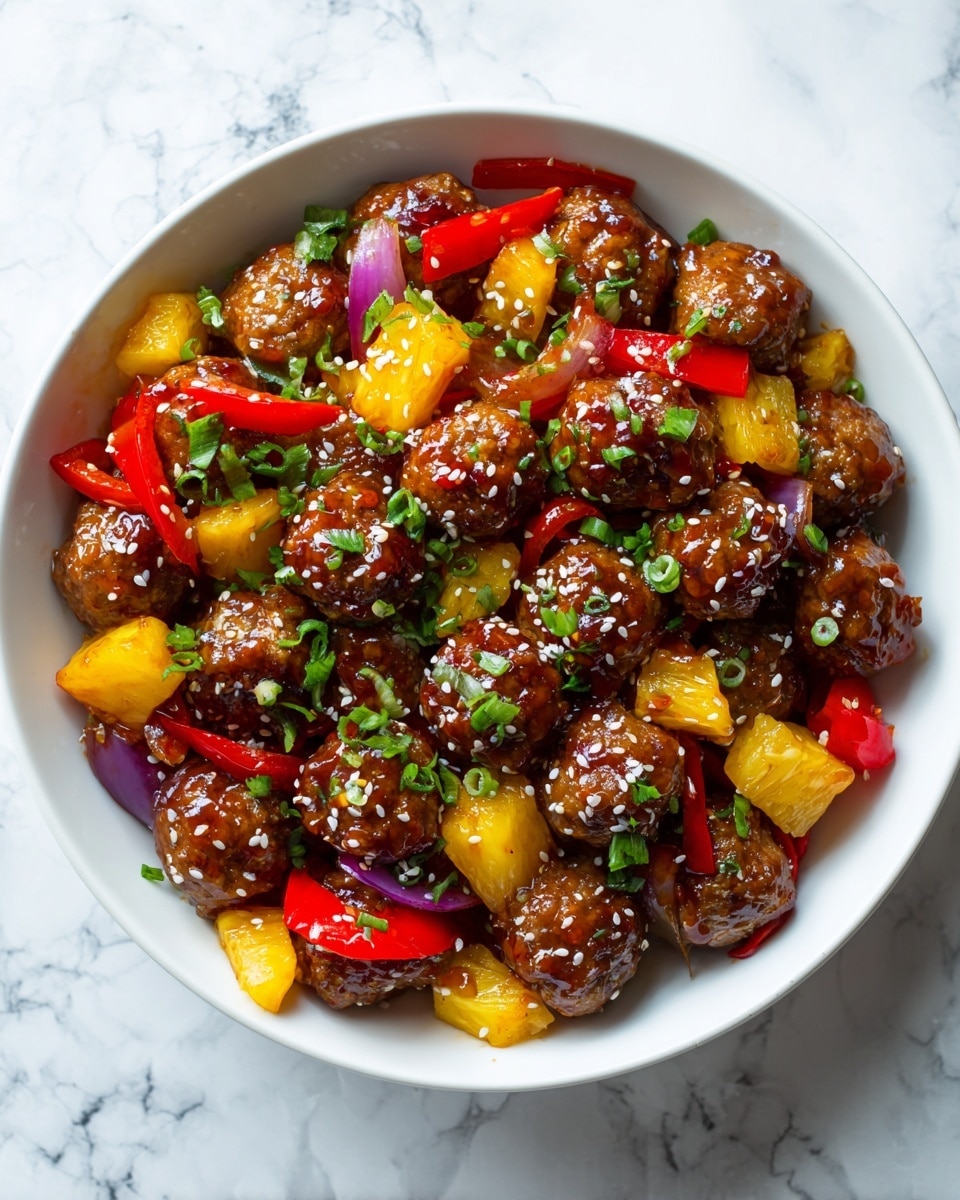 The image shows a white bowl filled with many round, brown meatballs coated in a shiny sweet and sour sauce. Scattered among the meatballs are bright yellow pineapple chunks, red bell pepper pieces, and slices of purple onion, adding pops of color. The dish is garnished with small green herb bits and sprinkled with white sesame seeds. The bowl is placed on a white marbled surface. photo taken with an iphone --ar 4:5 --v 7