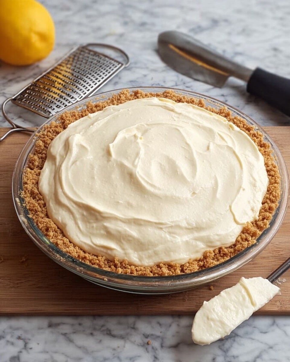 The image shows a pie in a clear glass pie dish placed on a white marbled surface. The pie has two visible layers: the bottom layer is a crumbly, golden-brown crust made of crushed pieces spread evenly up the sides of the dish, and the top layer is a thick, creamy white filling with a smooth, slightly swirled texture covering the crust fully. To the left of the pie, there is a metal grater, and an orange is partially visible. On the right side, a spatula with some of the creamy filling on its white blade rests on the surface. Photo taken with an iphone --ar 4:5 --v 7